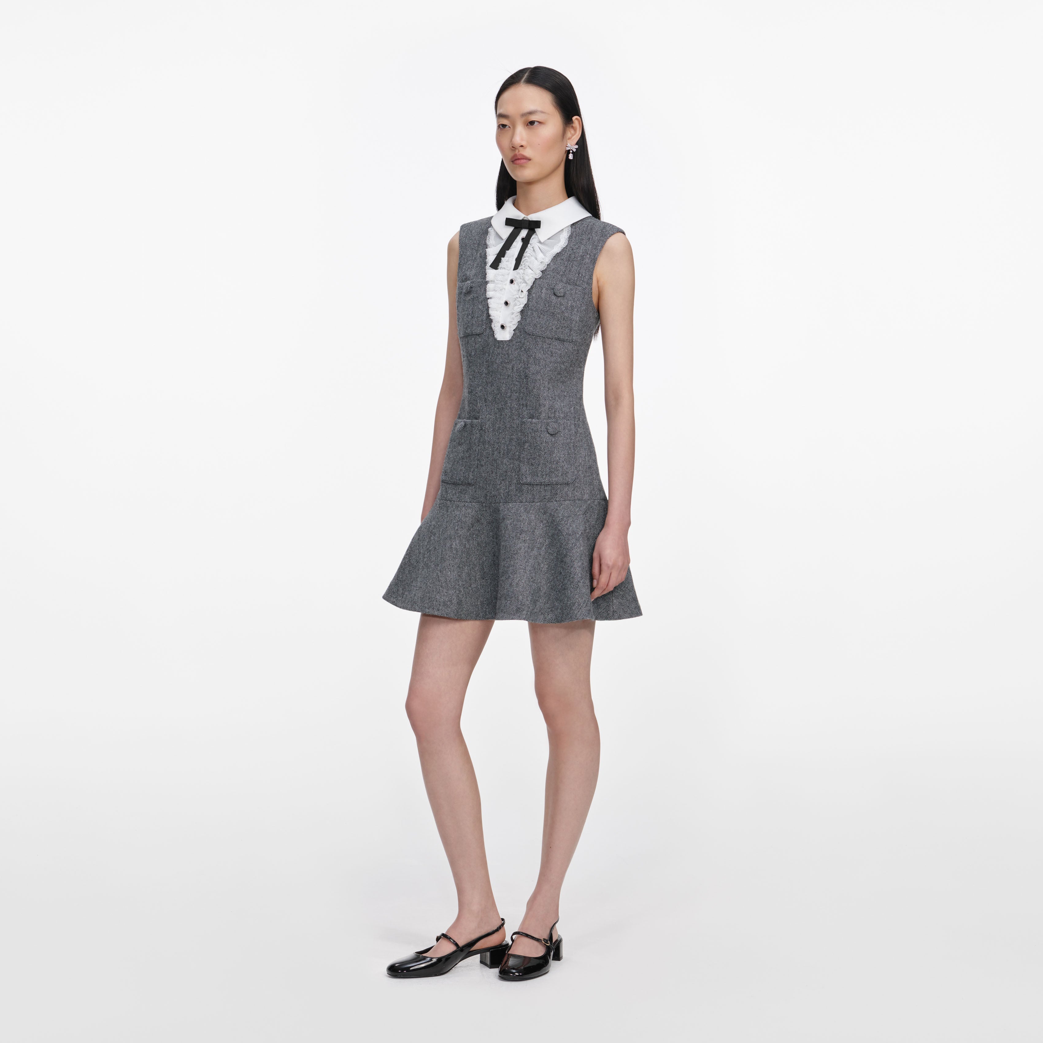 Grey Herringbone Lace Bib Mini Dress – self-portrait-US
