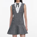 Grey Herringbone Lace Bib Mini Dress