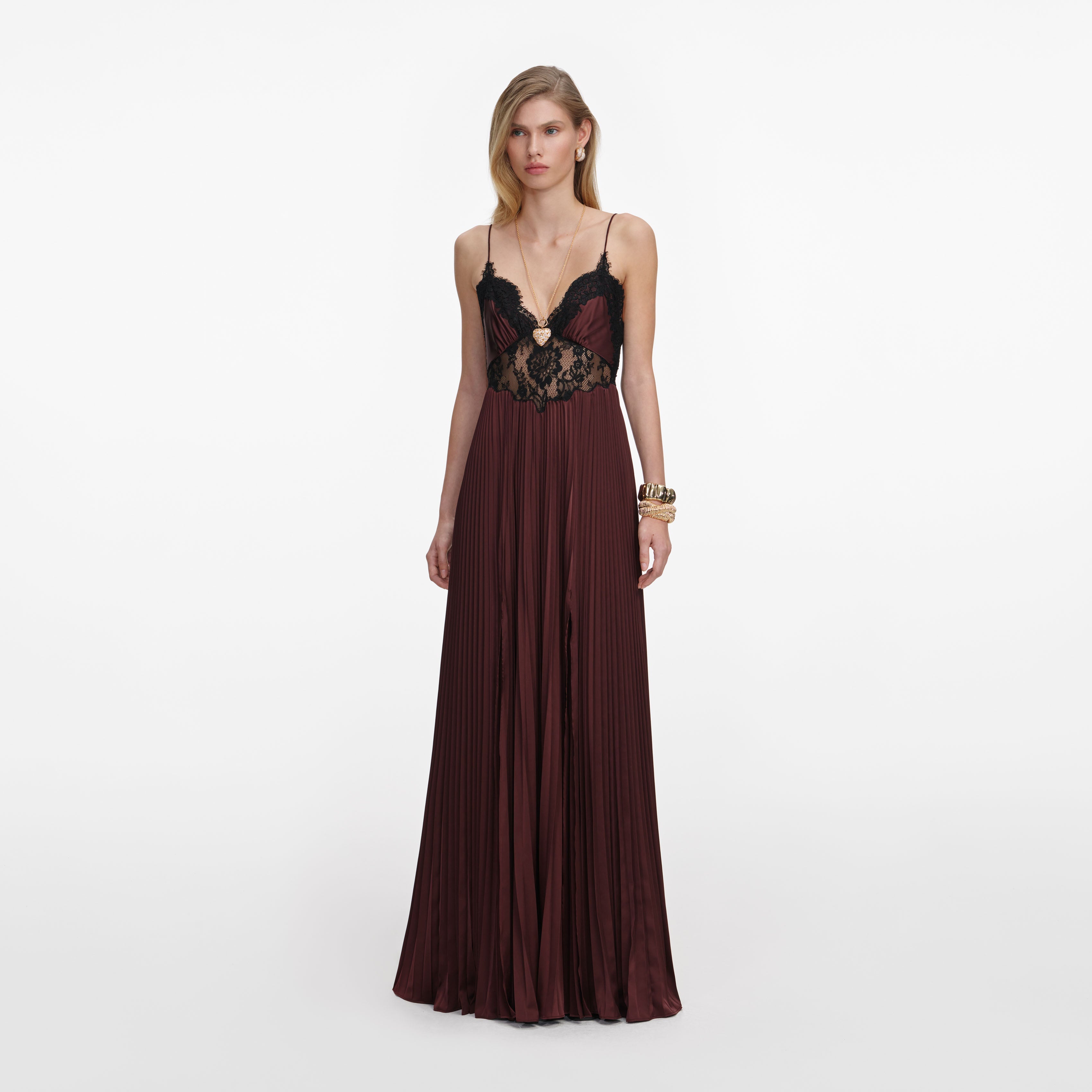 Brown Satin Lace Insert Maxi Dress – self-portrait-US