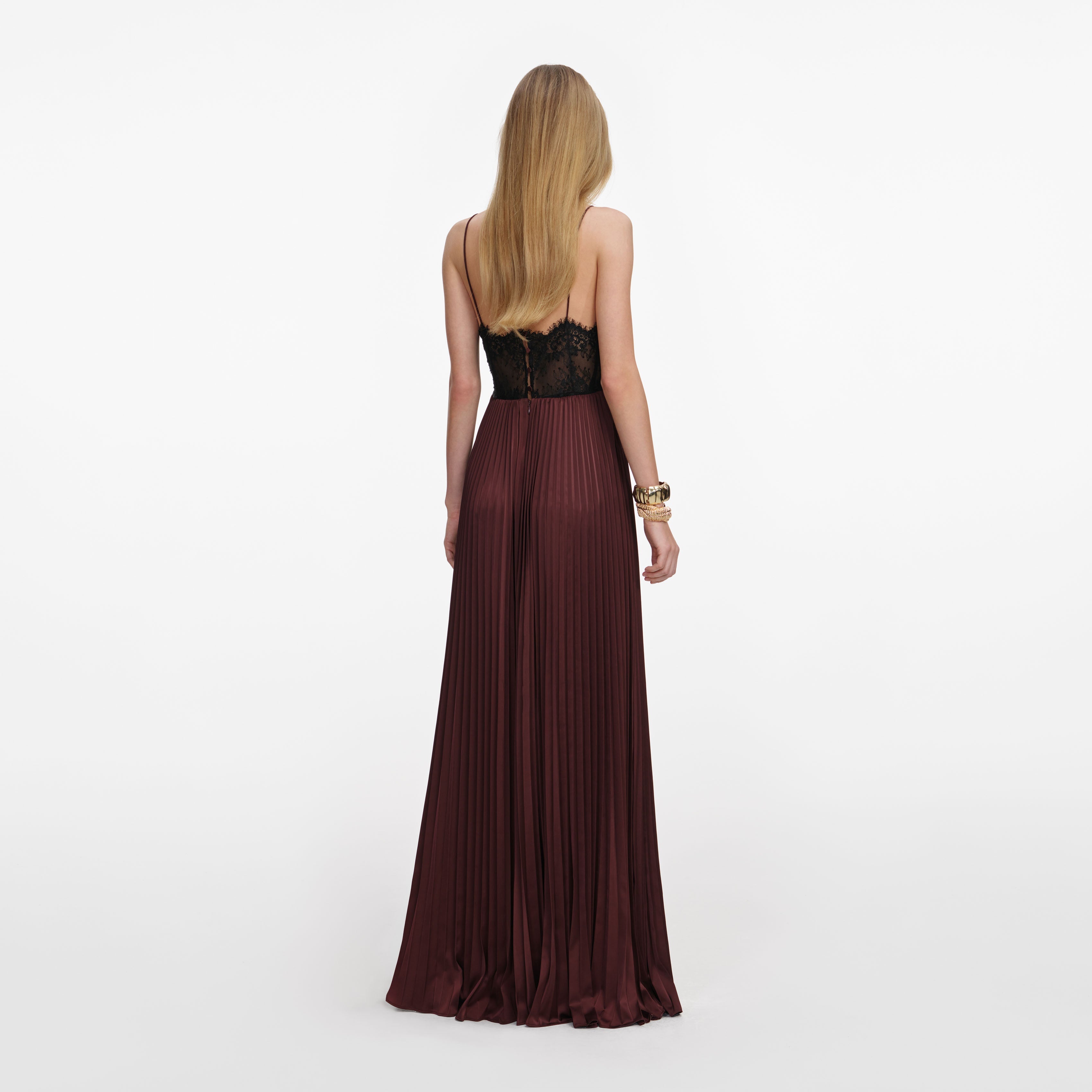 Brown Satin Lace Insert Maxi Dress – self-portrait-US