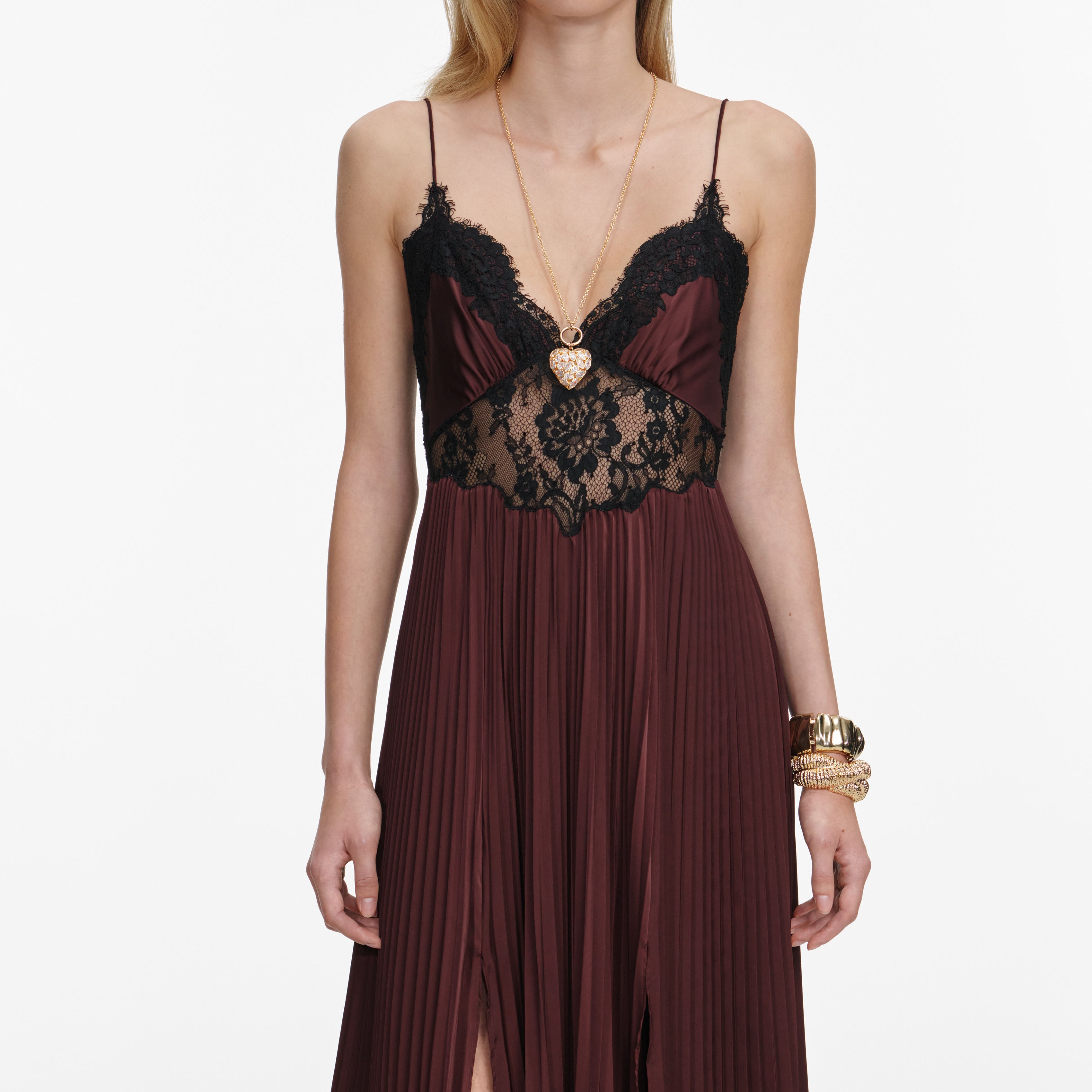 Brown Satin Lace Insert Maxi Dress – self-portrait-US