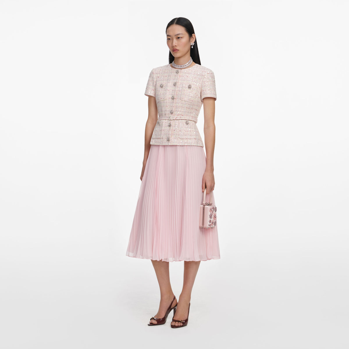 pink sequin boucle midi dress SP Pink Boucle Midi Dress Sequin Pleated Chiffon Classy Couture (SG)