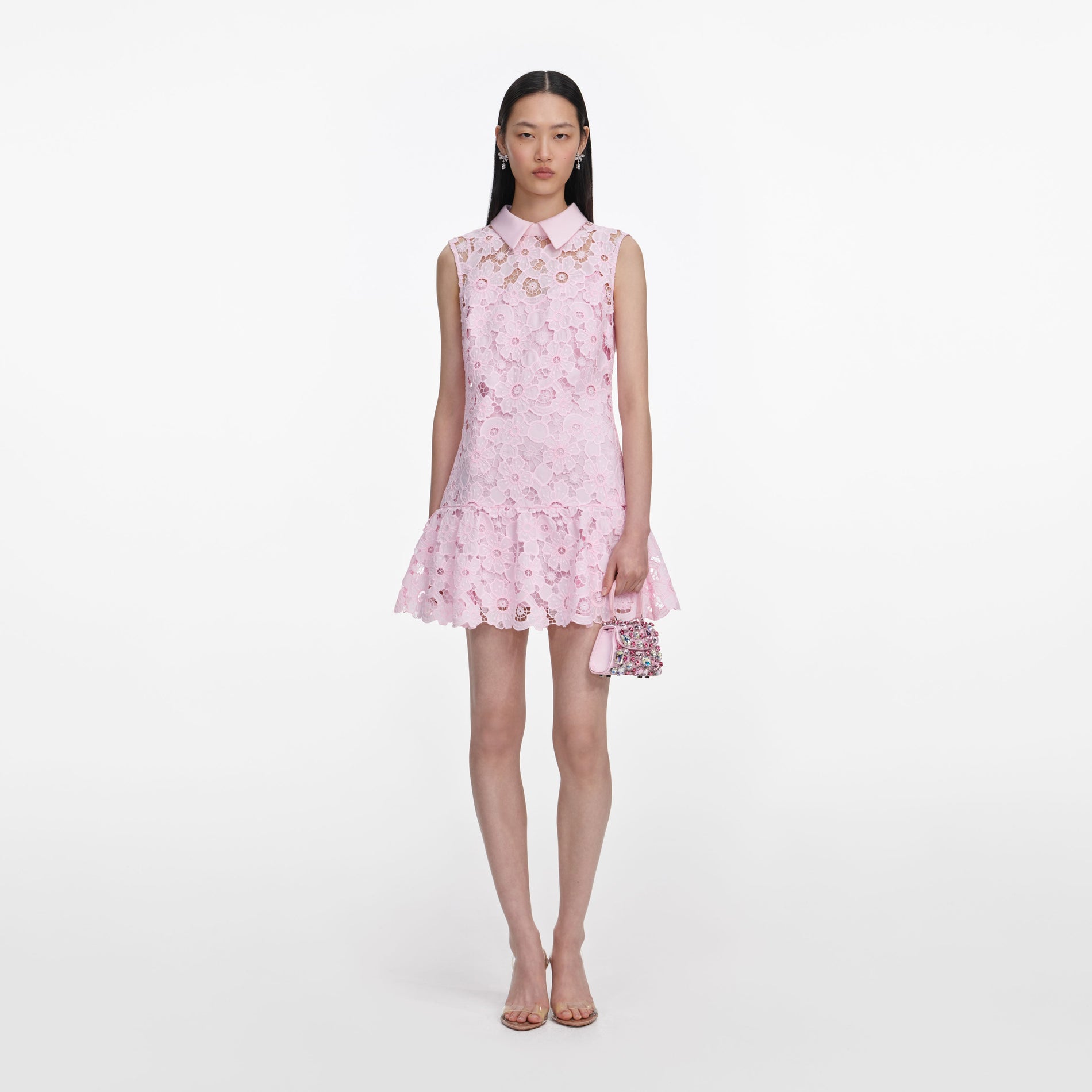 Front view of a woman wearing the Pink Lace Collared Mini Dress