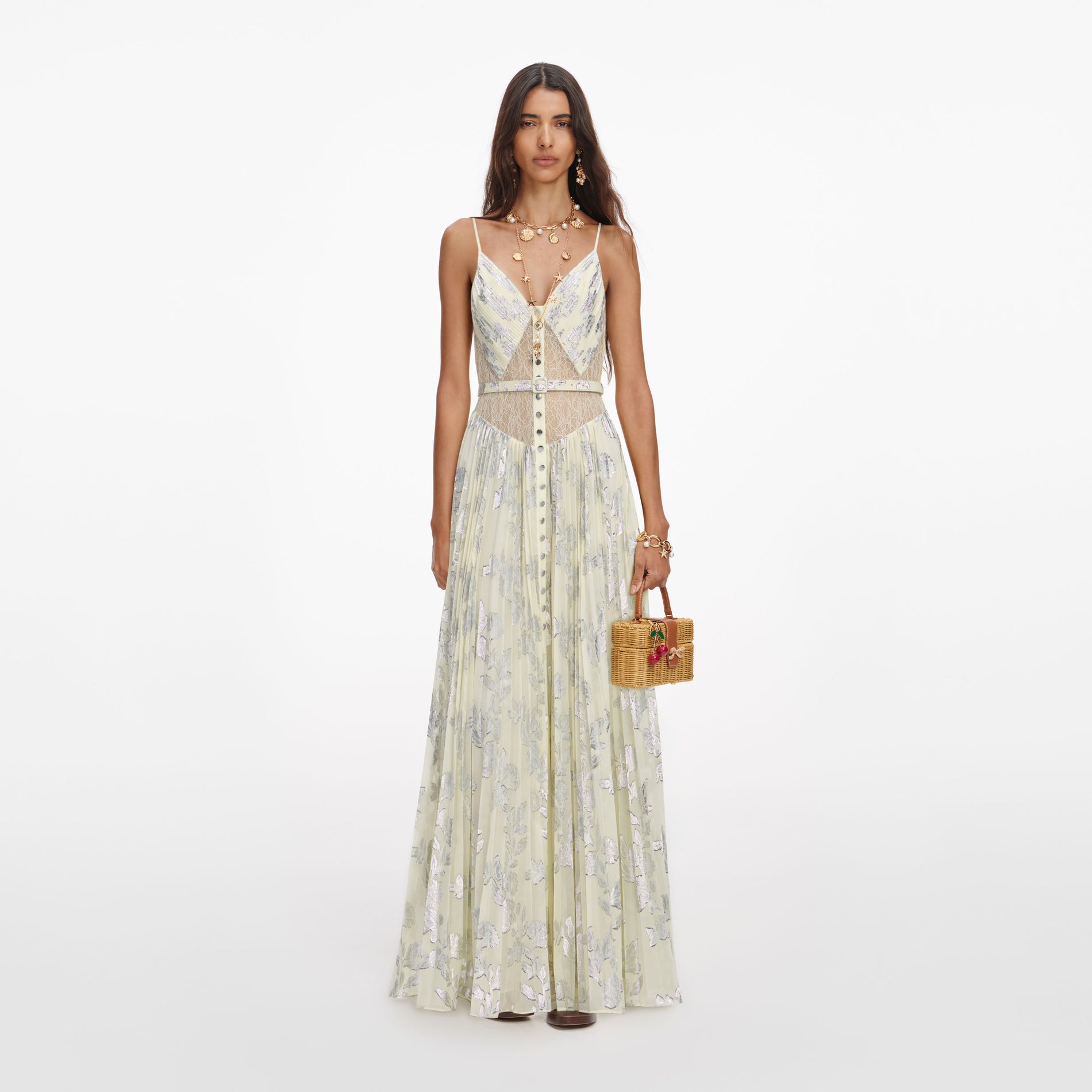 Yellow Metallic Chiffon Maxi Dress