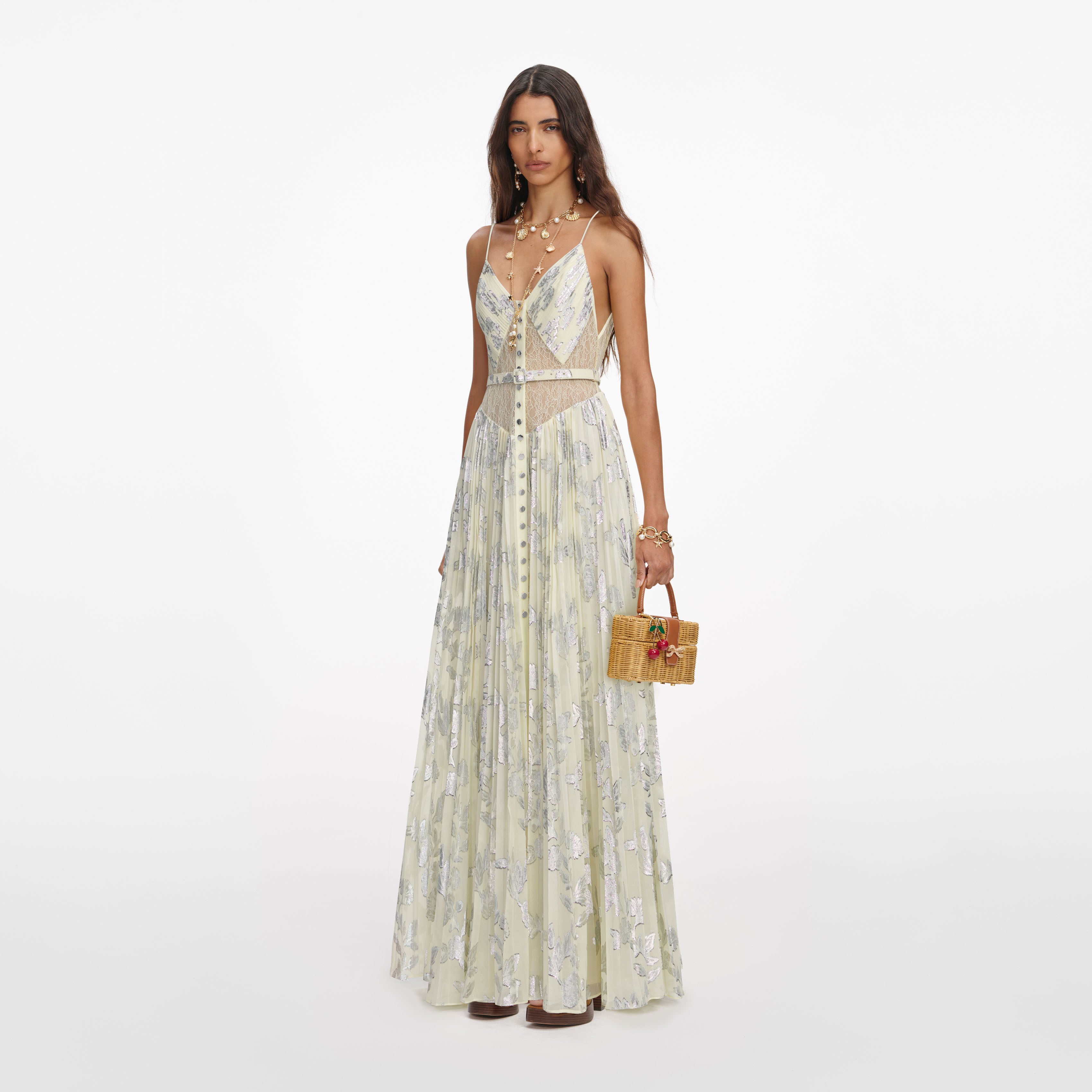 self-portrait - Yellow Metallic Chiffon Maxi Dress - US 0 self-portrait - Yellow Metallic Chiffon Maxi Dress - US 0