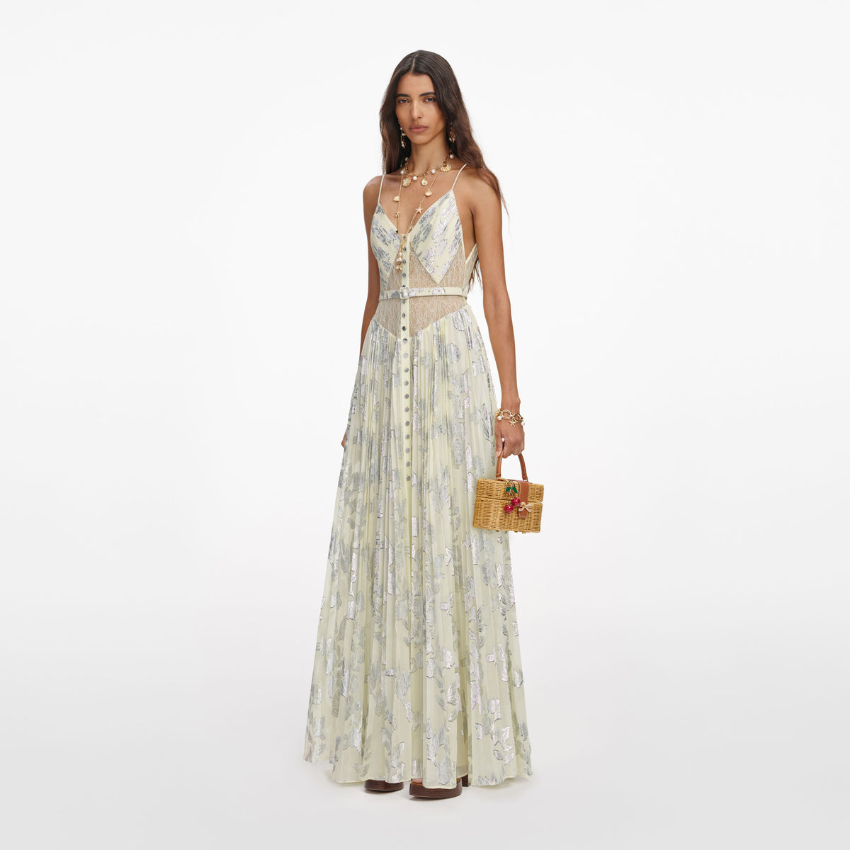 knee length dresses for ladies Self-Portrait Metallic Boucle Bodice and Satin Maxi Dress Navy