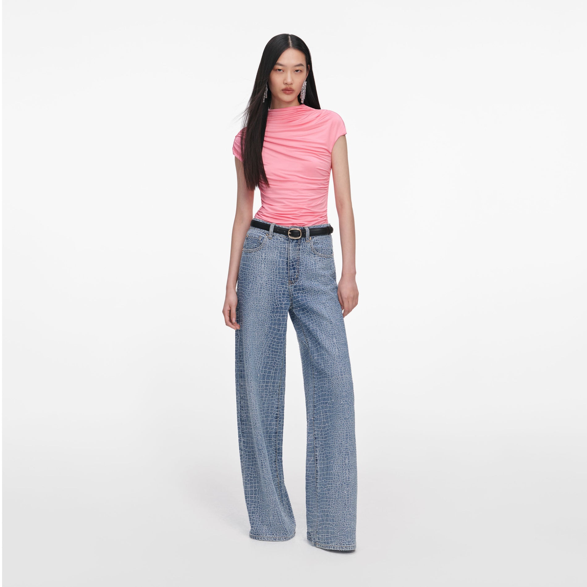 Front view of a woman wearing the Pink Jersey Gathered Top