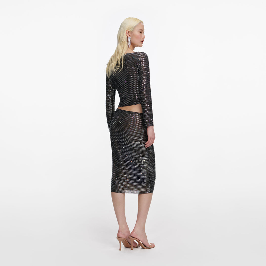 Gunmetal Rhinestone Midi Skirt