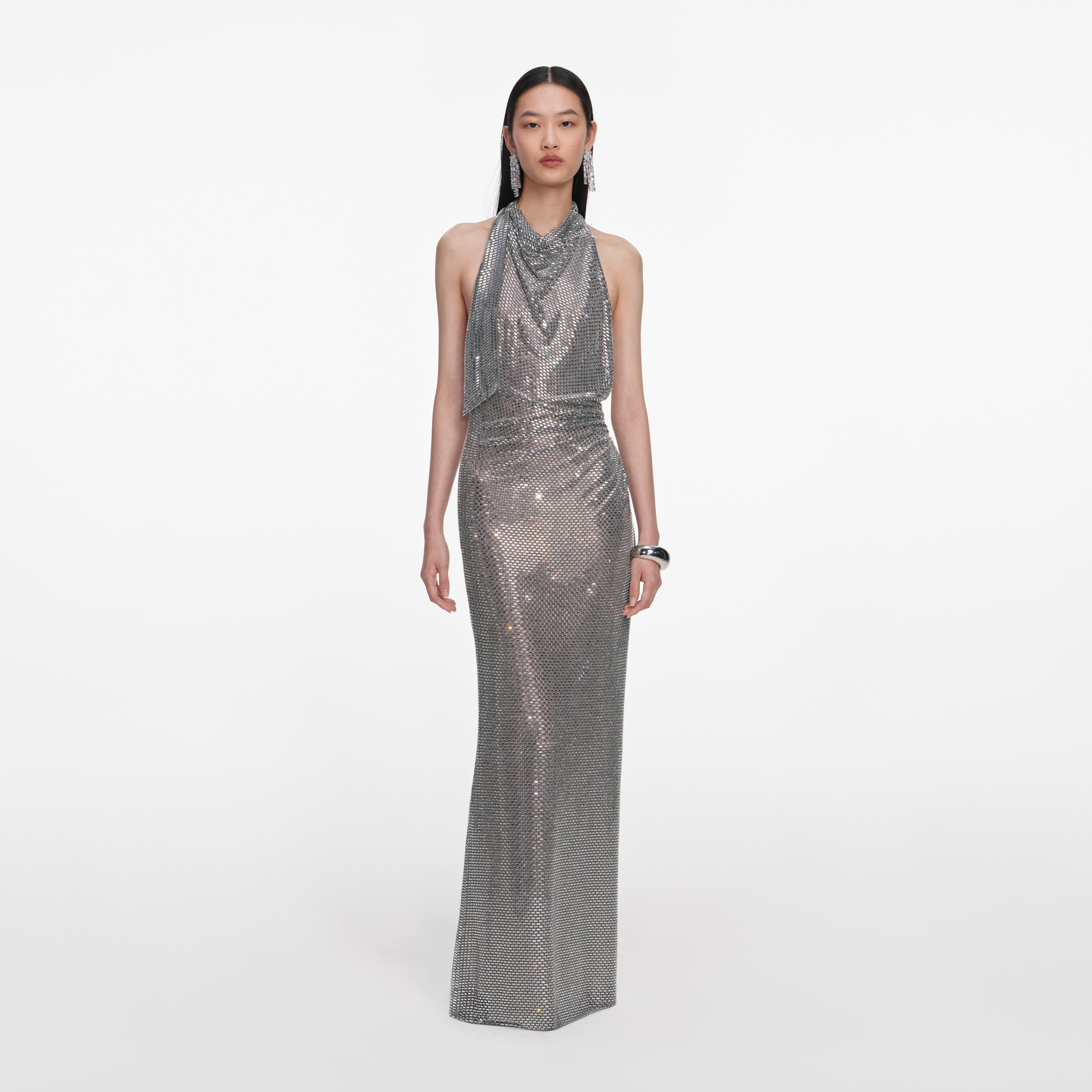 Grey Rhinestone Drape Maxi Dress