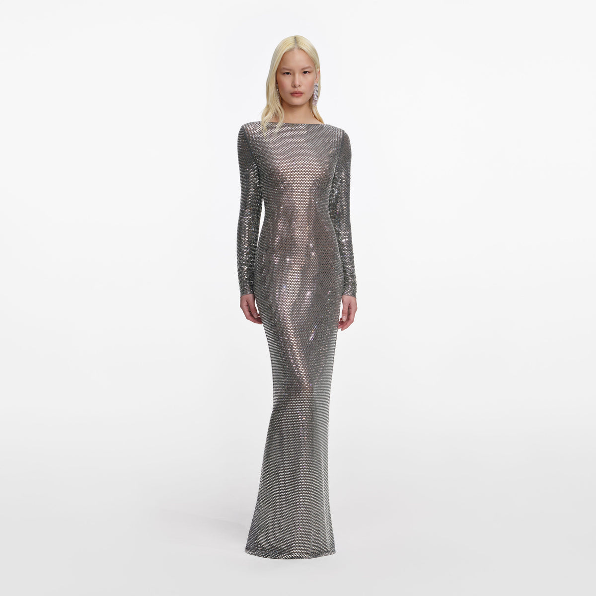 long sleeve silver dress LaDivine CD0239 Formal Beaded Sequin Mother of the Bride flows to floor for graceful movement Deep V Silver grey Three Quarter Sleeve
