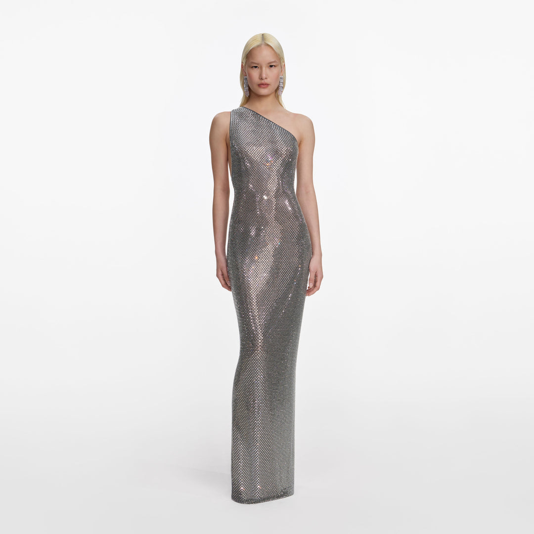 Grey Rhinestone One Shoulder Maxi Dress – self-portrait-US