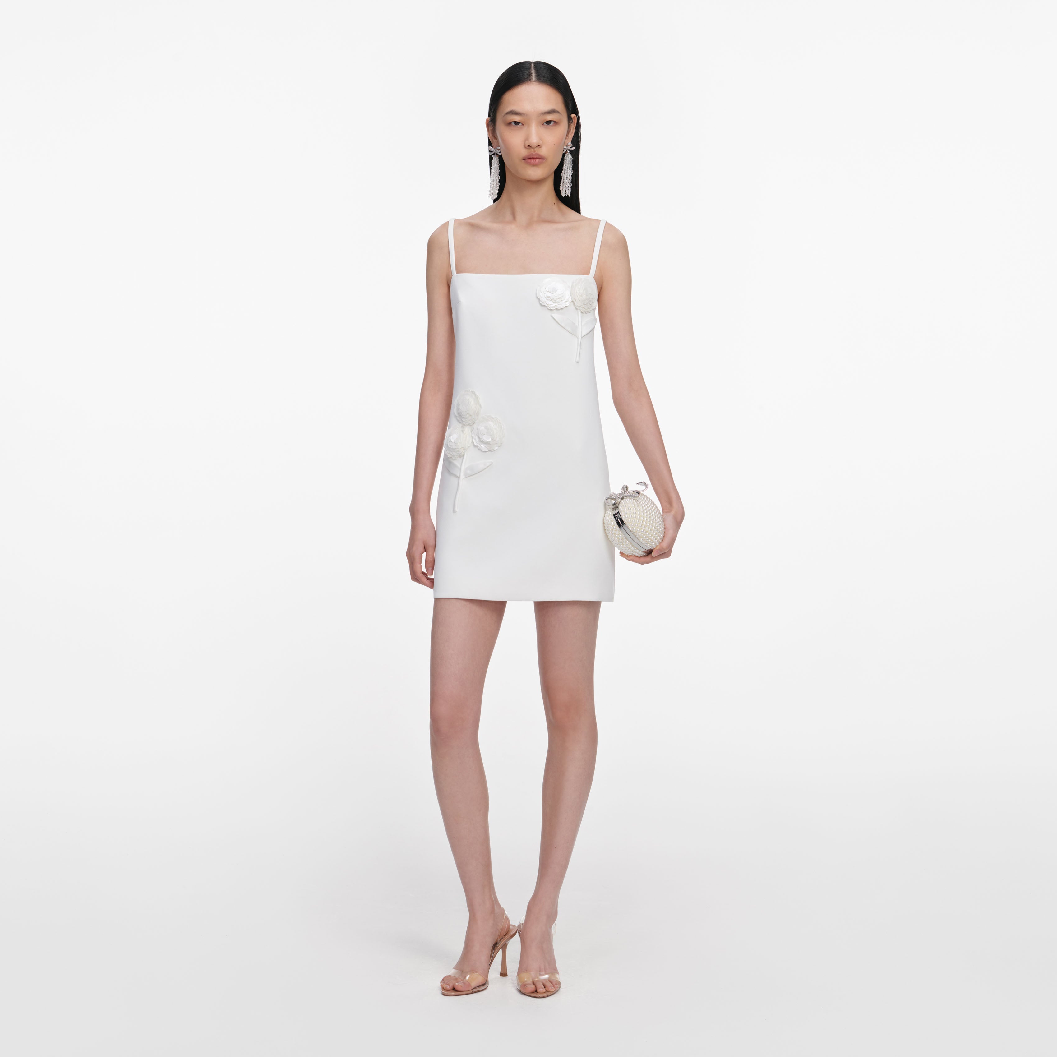 White Crepe 3D Sequin Flower Mini Dress