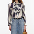 Navy Stripe Tie Neck Blouse