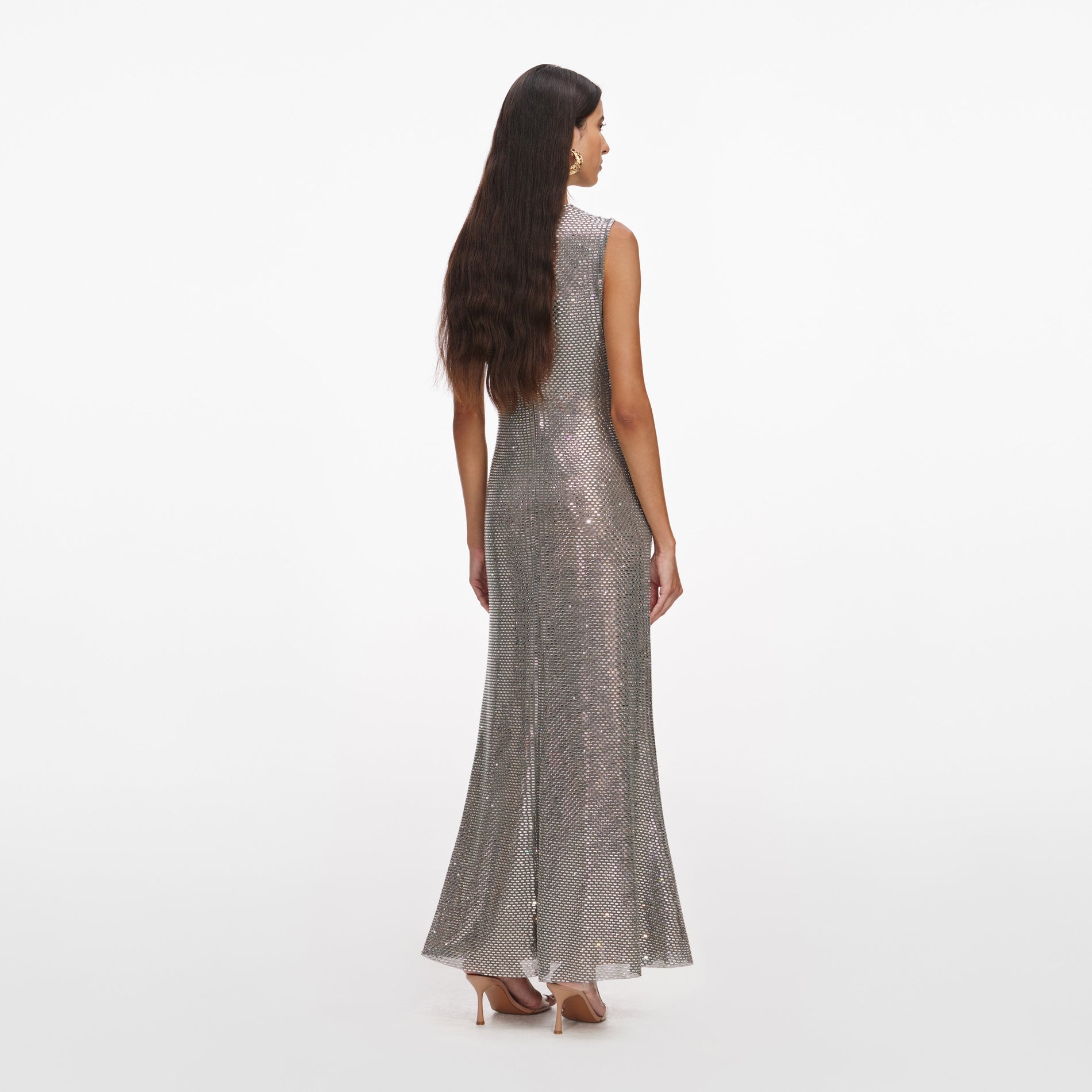 Back view of a woman wearing the Grey Rhinestone Mesh Midi Dress