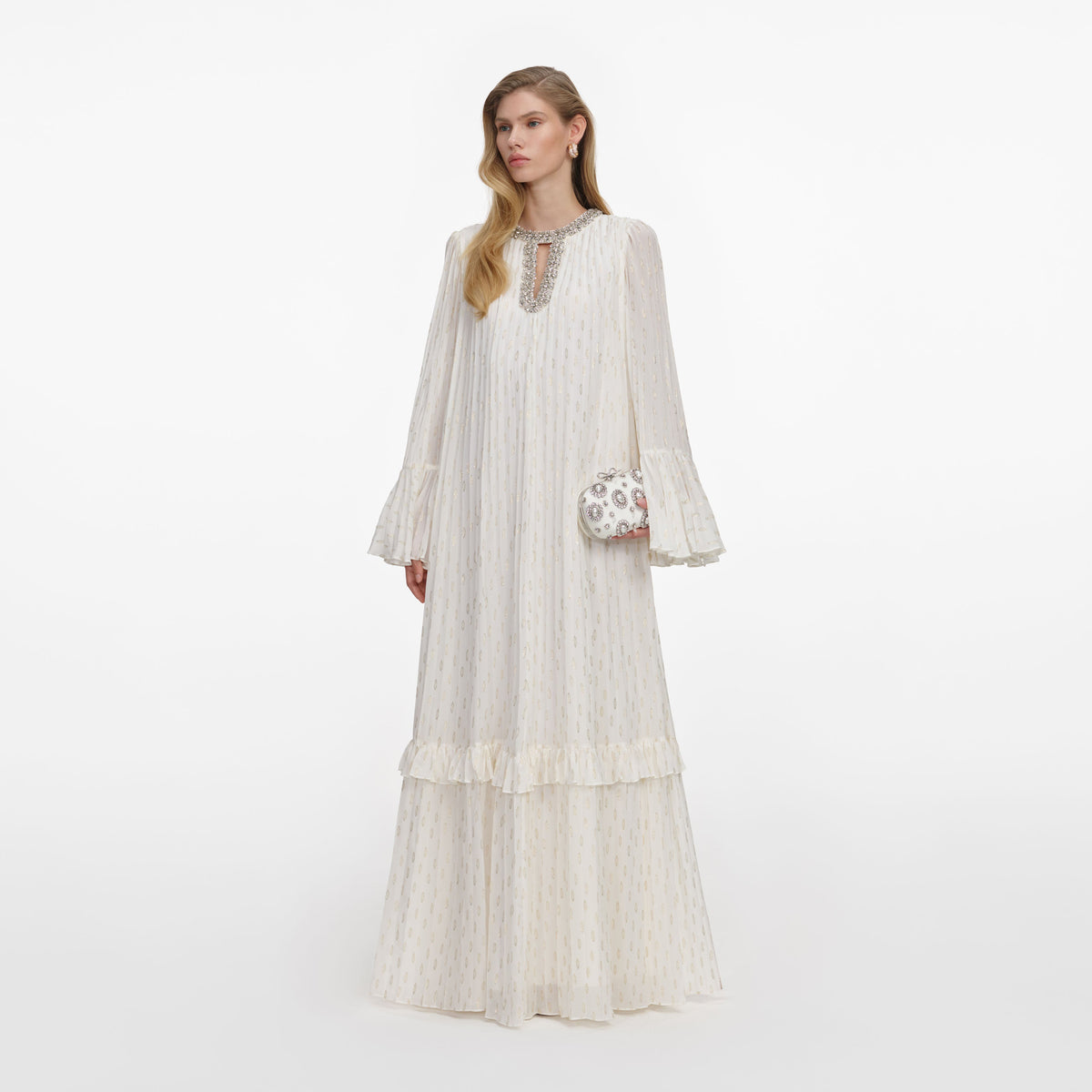 self-portrait - Cream And Gold Chiffon Maxi Dress