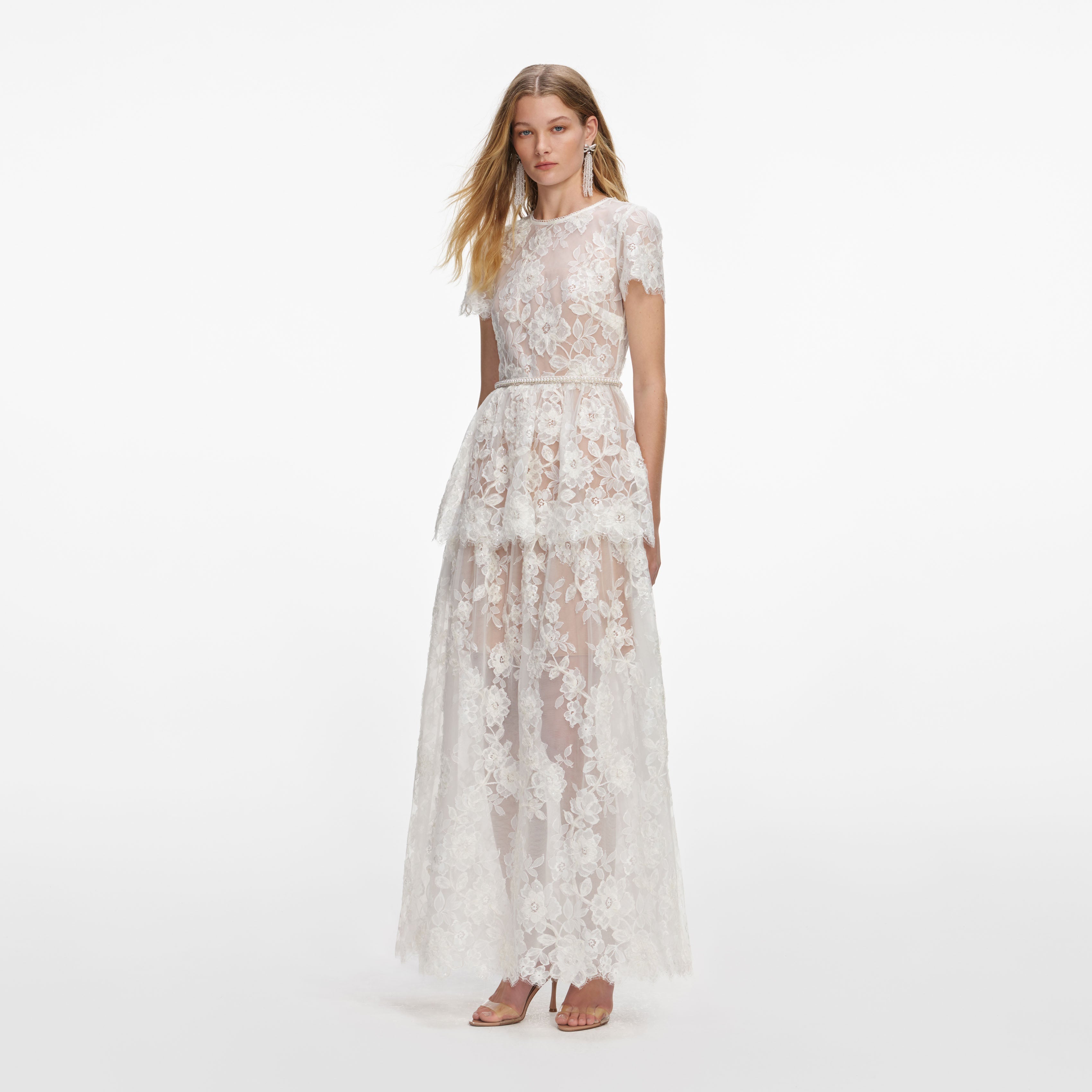 White Sequin Lace Tiered Maxi Dress – self-portrait-US