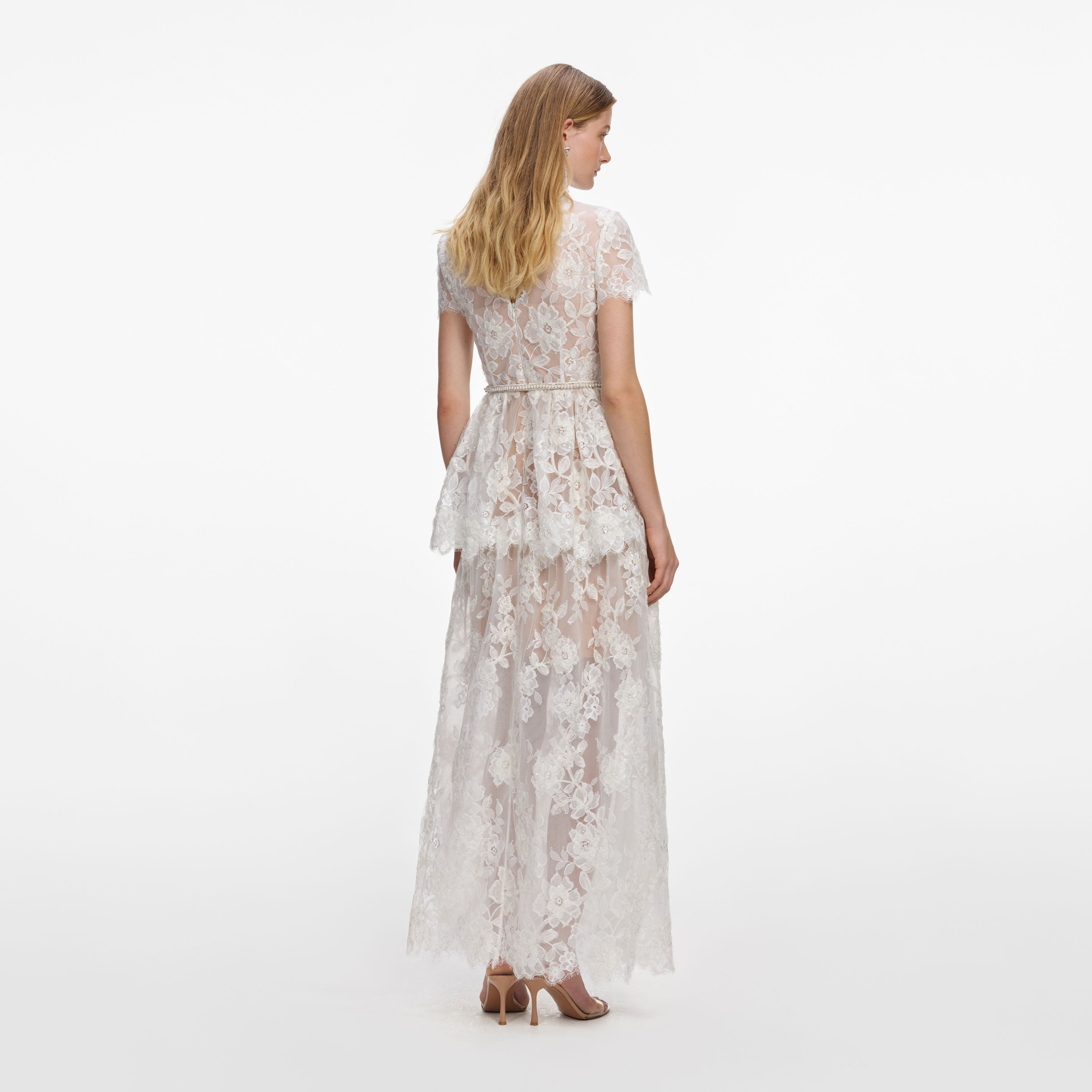 White Sequin Lace Tiered Maxi Dress – self-portrait-US