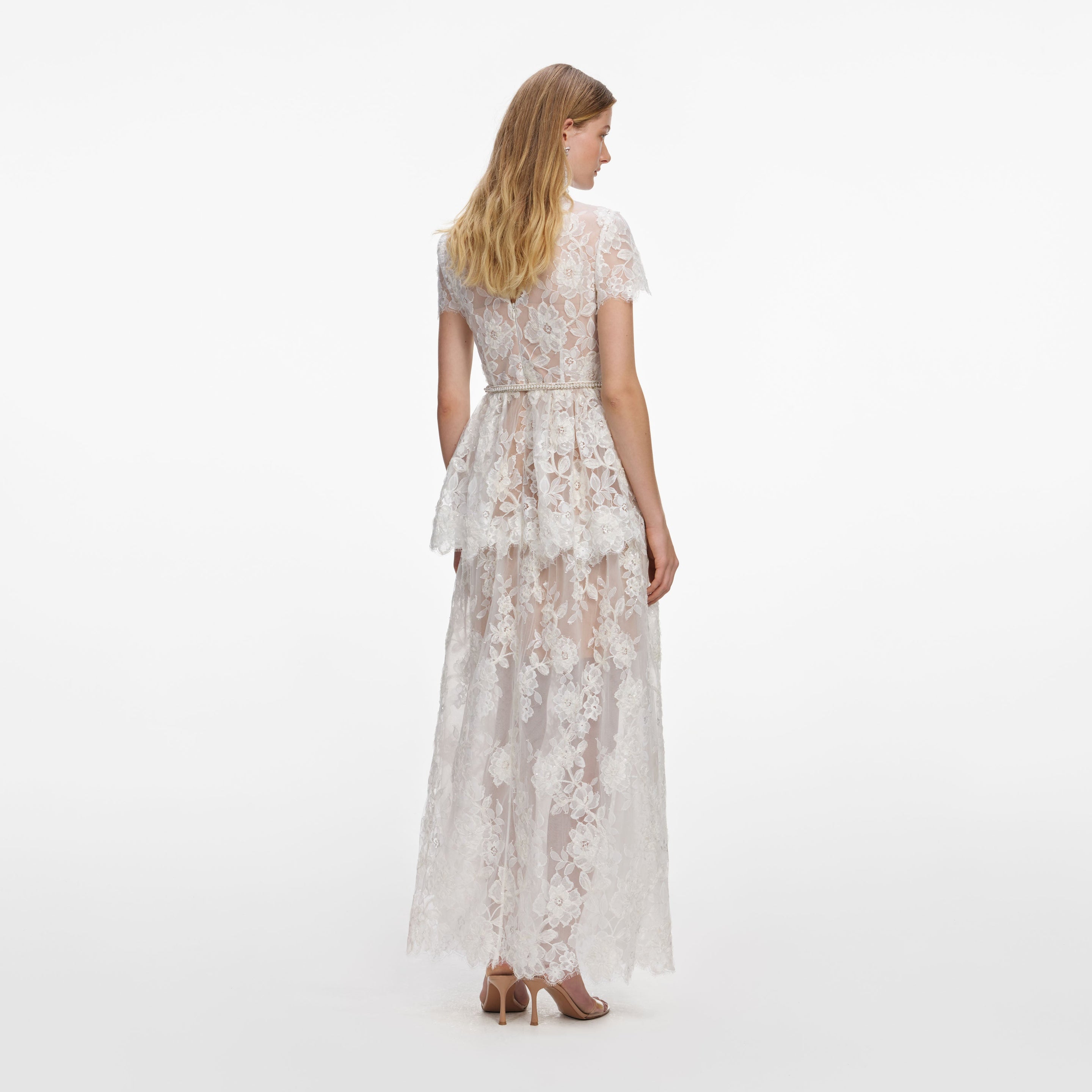 self-portrait - White Sequin Lace Tiered Maxi Dress