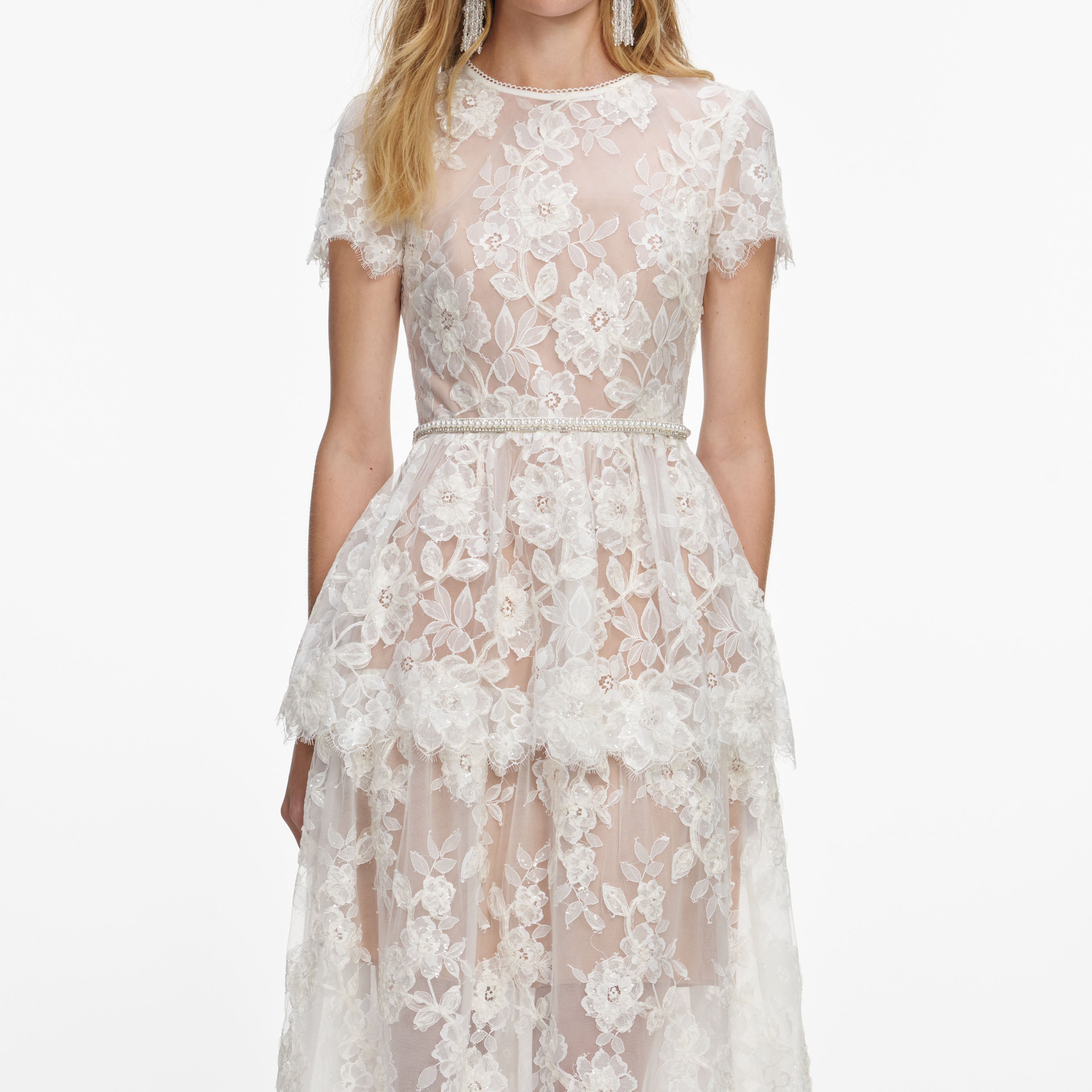 White Sequin Lace Tiered Maxi Dress – self-portrait-US