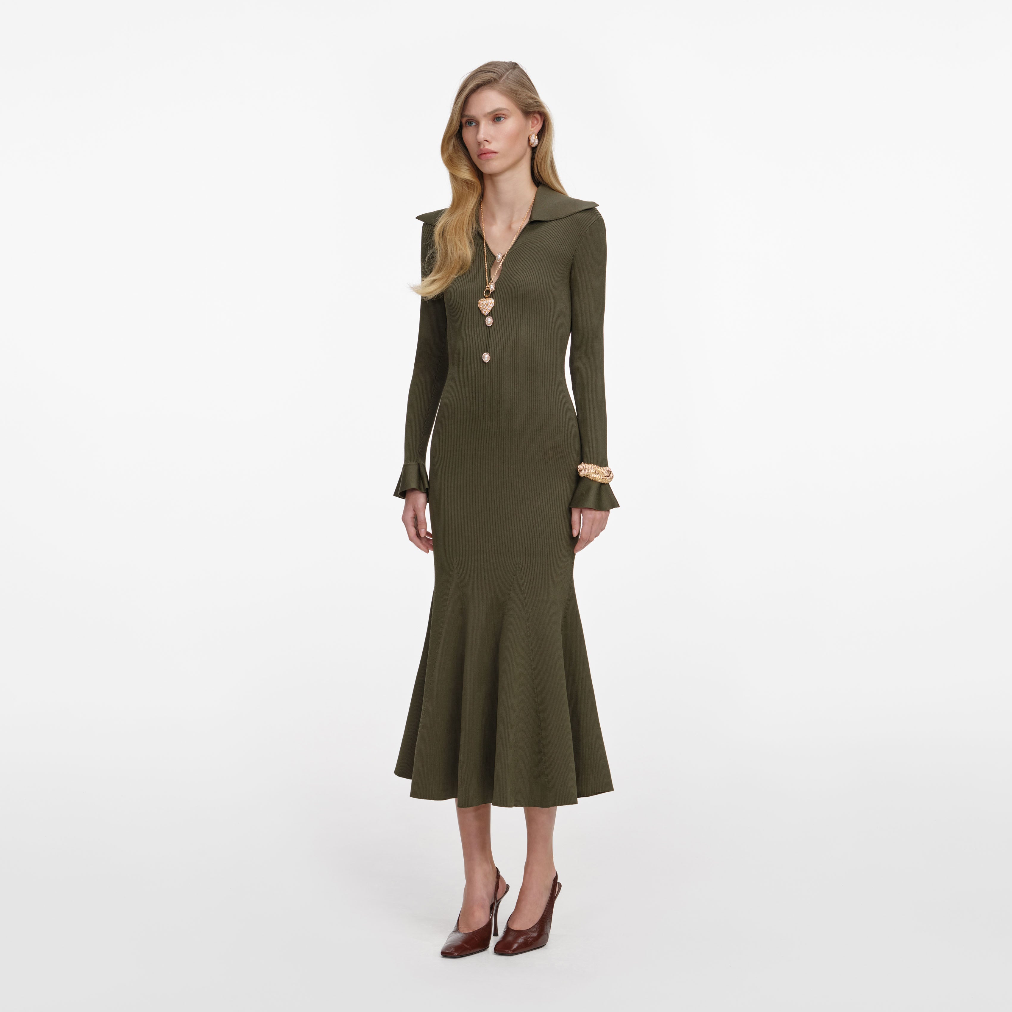Khaki Pointelle Knit Midi Dress
