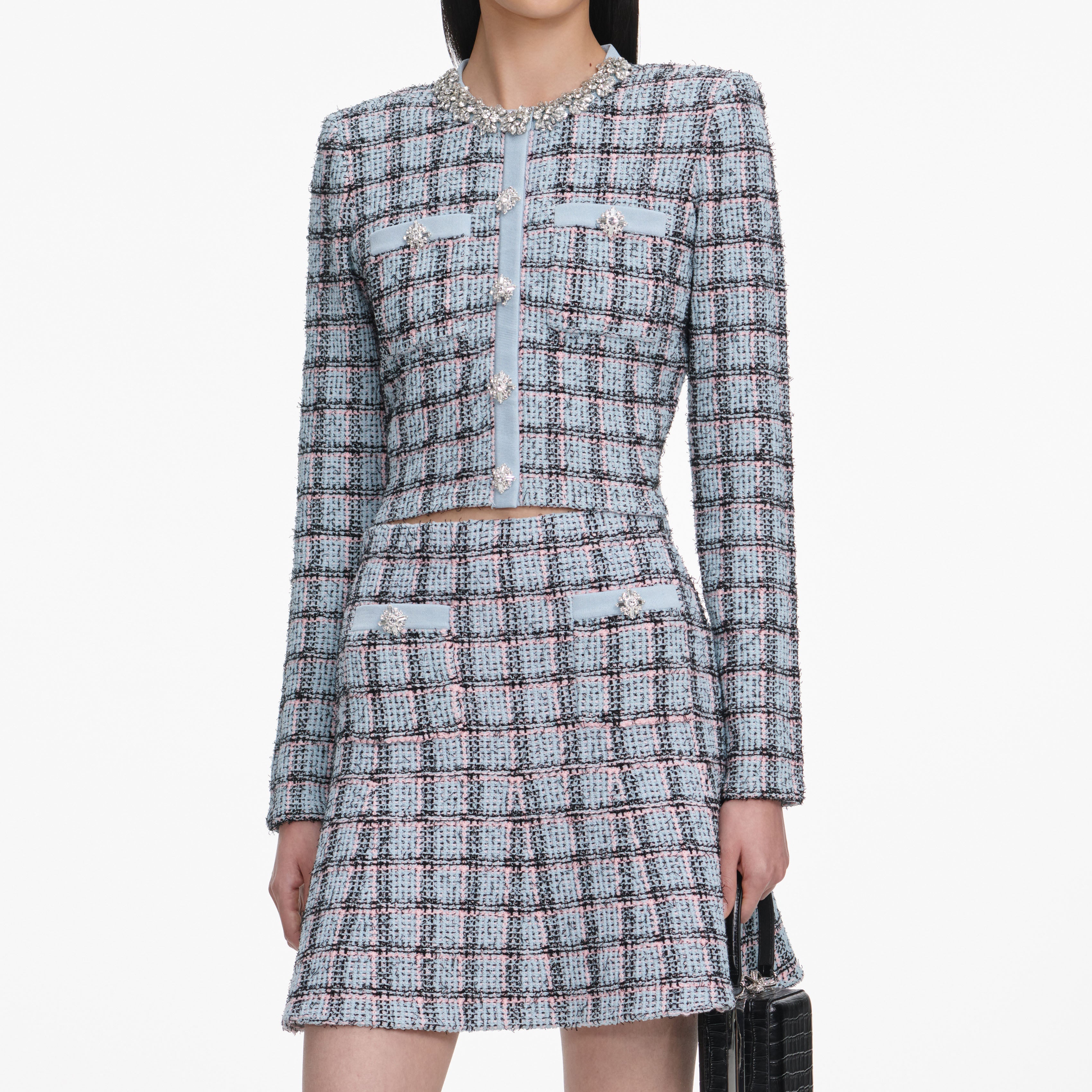 Blue Check Knit Mini Skirt