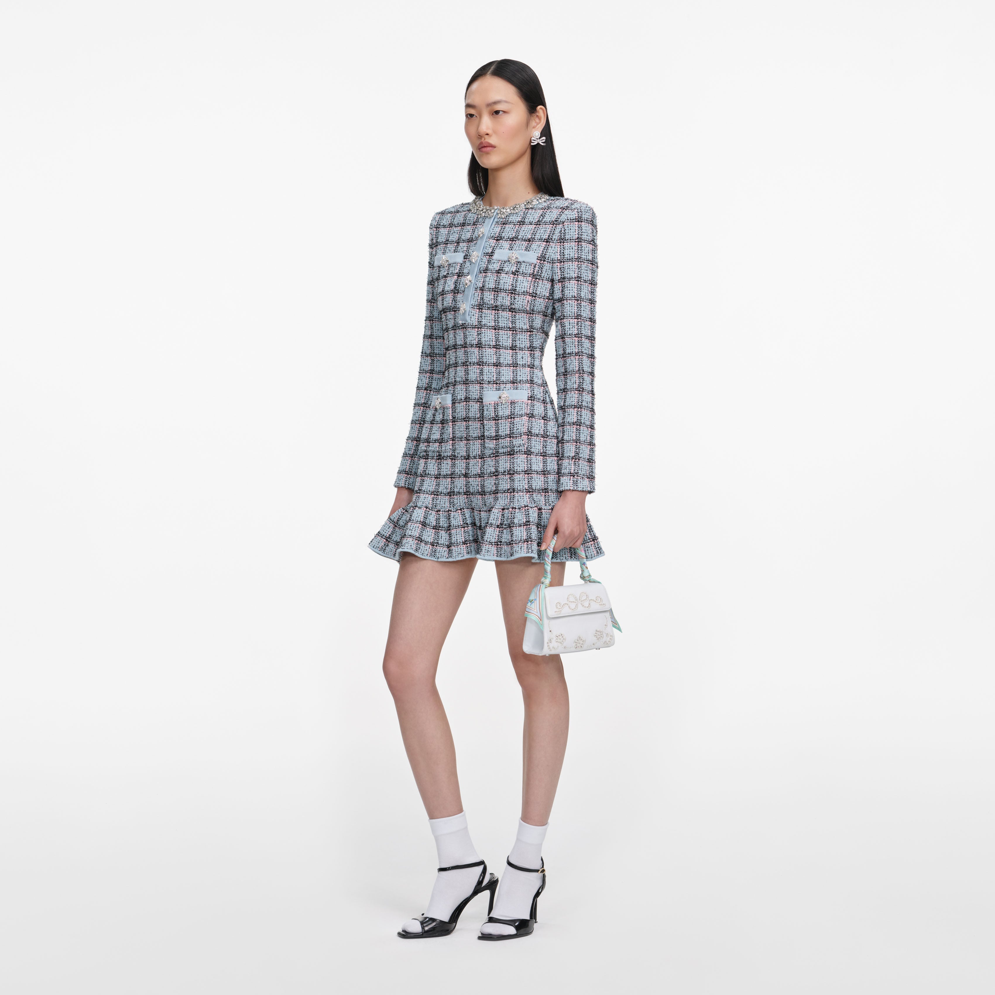 Blue Check Knit Mini Dress