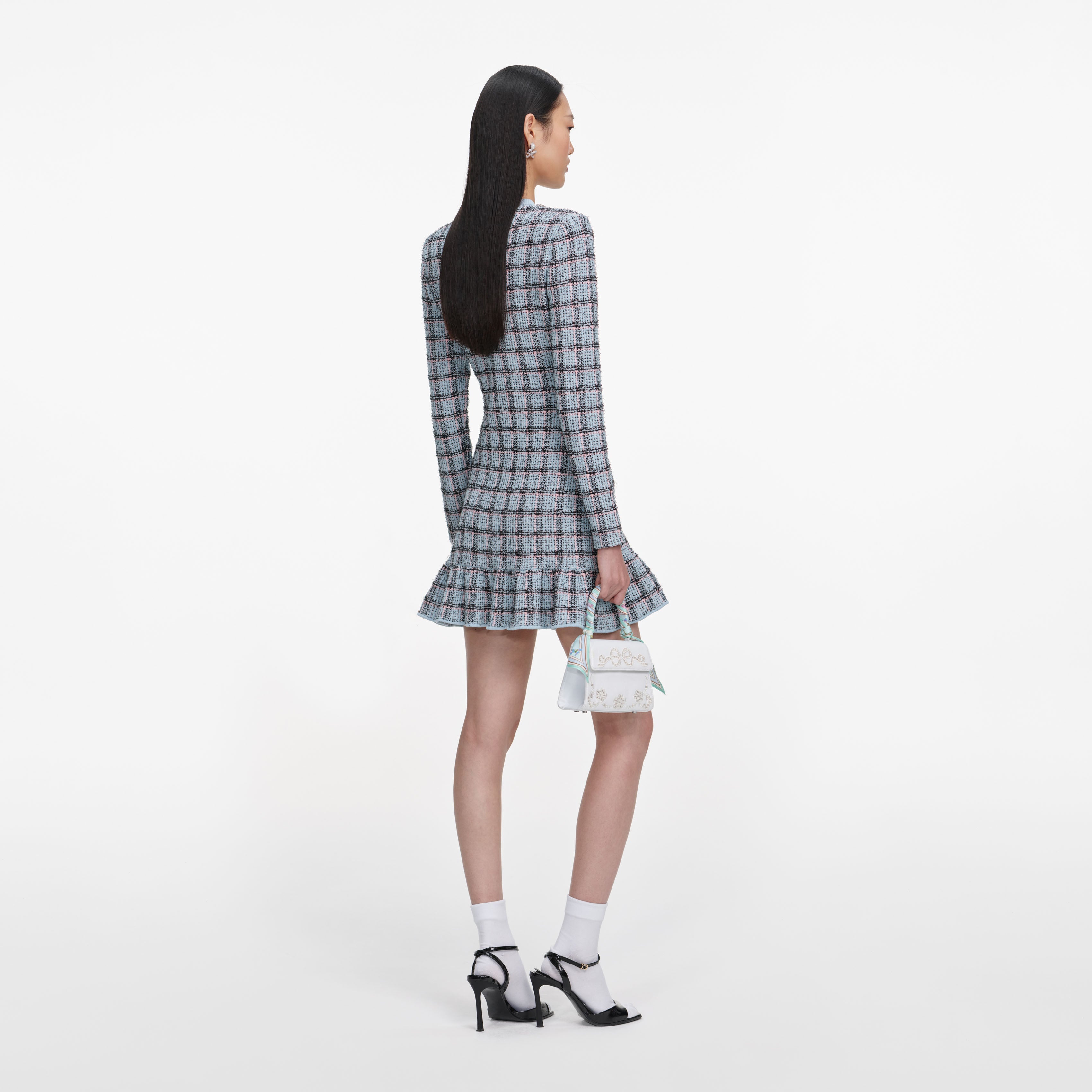 Blue Check Knit Mini Dress – self-portrait-US