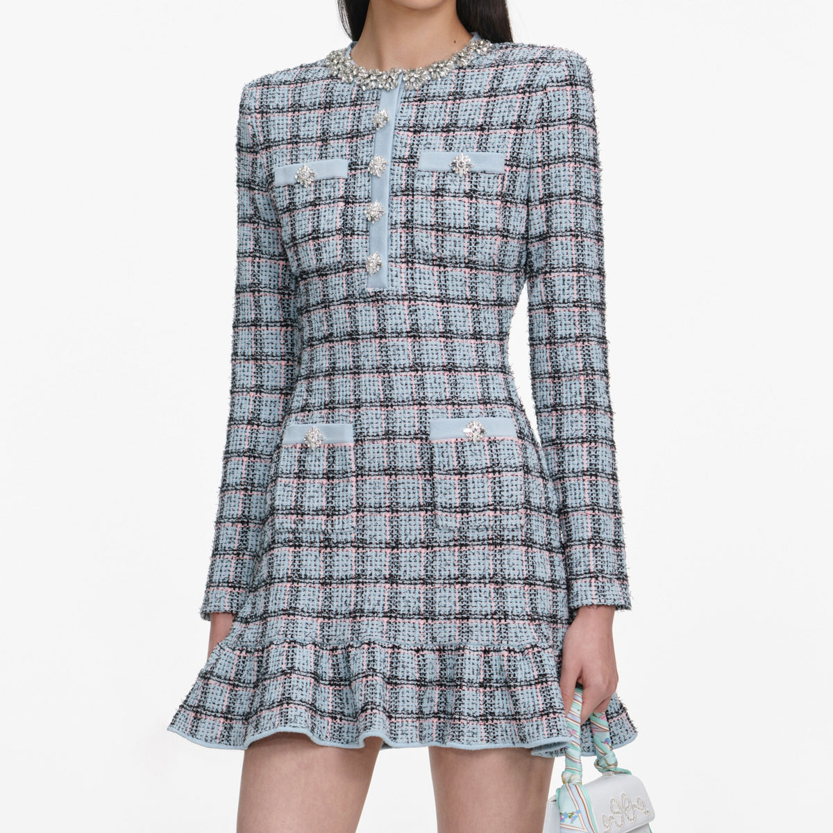 self portrait blue lurex knitted mini dress self-portrait - Check Knit Clothing