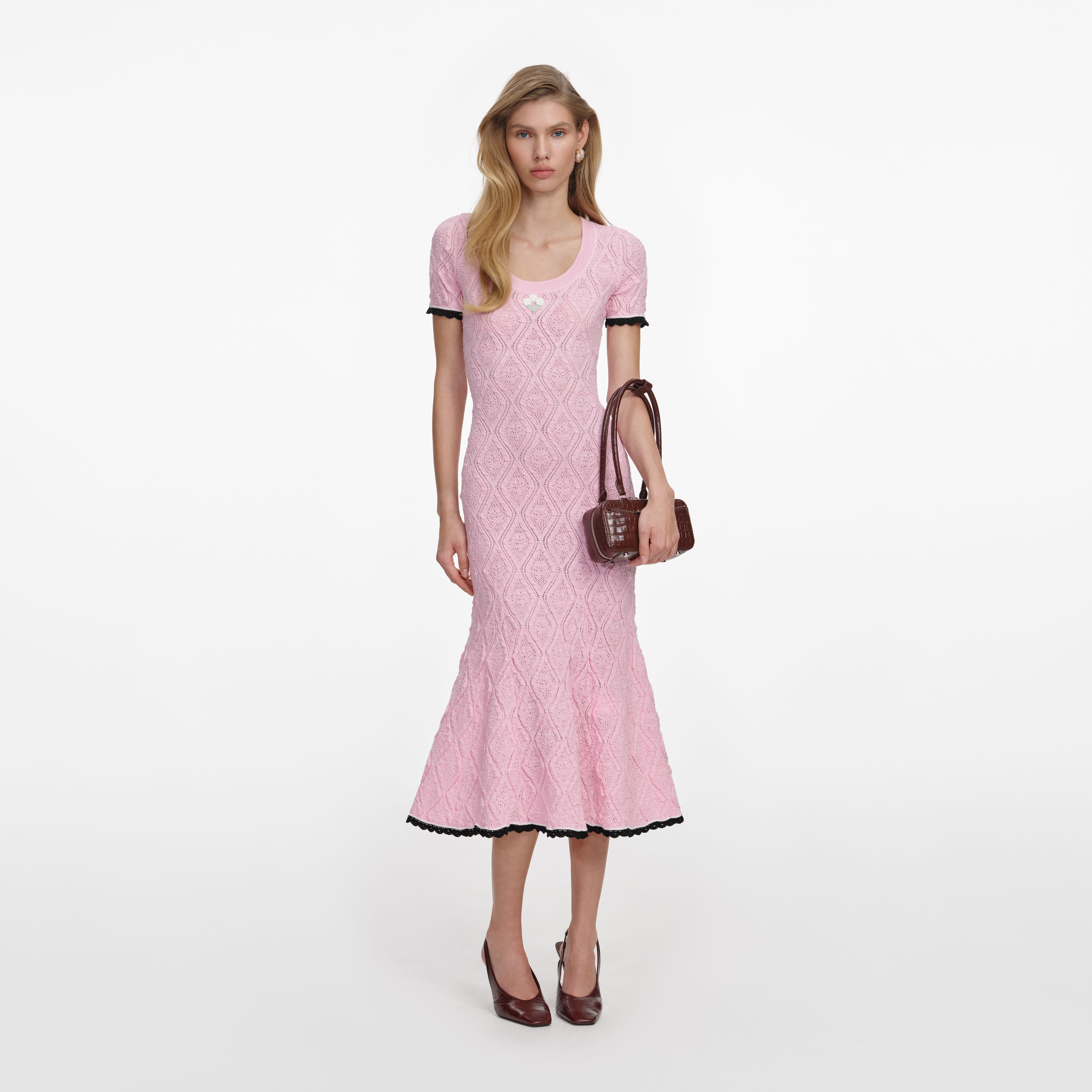 Pink Pointelle Knit Midi Dress