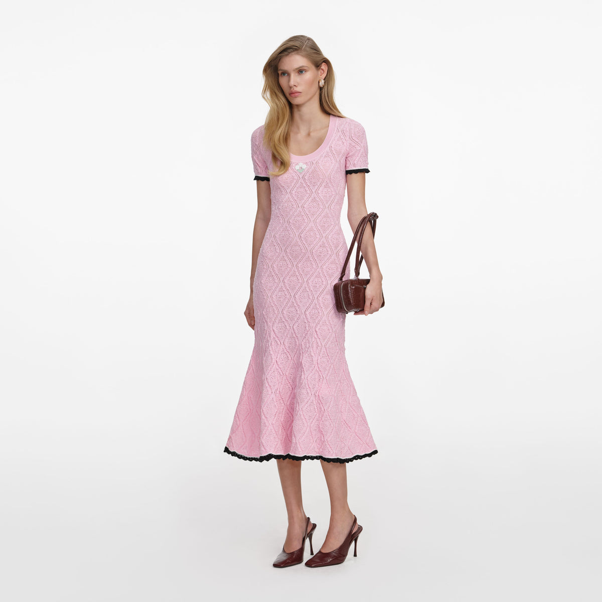 self portrait pink viscose knit midi dress Pink Pointelle Knit Midi Dress – self-portrait-US