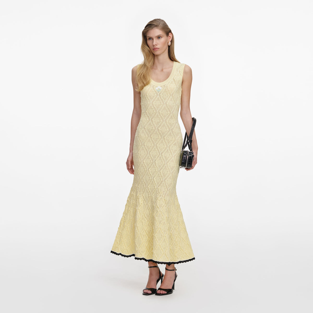 self portrait gold crystal trim knit midi dress Self-Portrait - Yellow Pointelle Knit Midi Dress