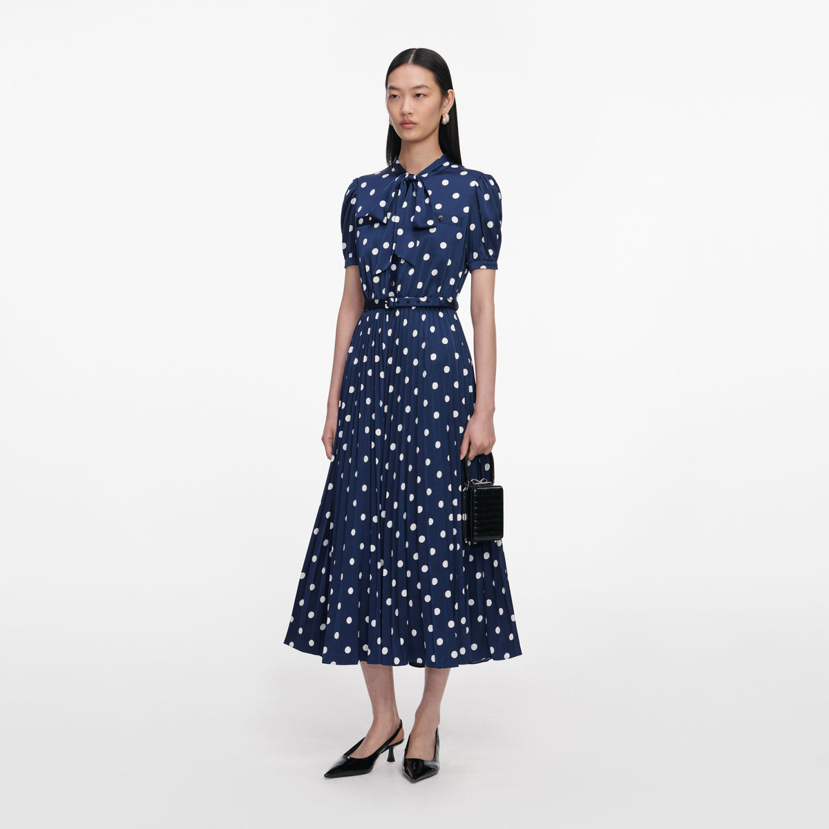 self portrait shirred polka dot midi dress Self-portrait Women's Polka Dot Satin Midi-Shirtdress - Navy