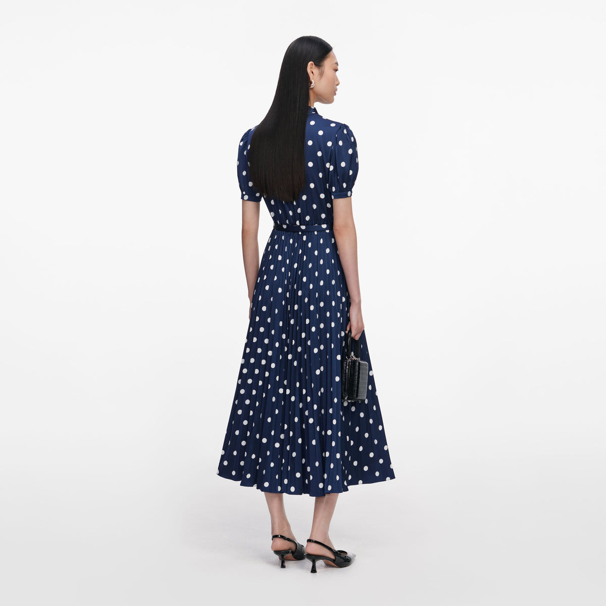 self portrait polka dot chiffon midi dress Self-Portrait - Navy Polka Dot Satin Midi Dress