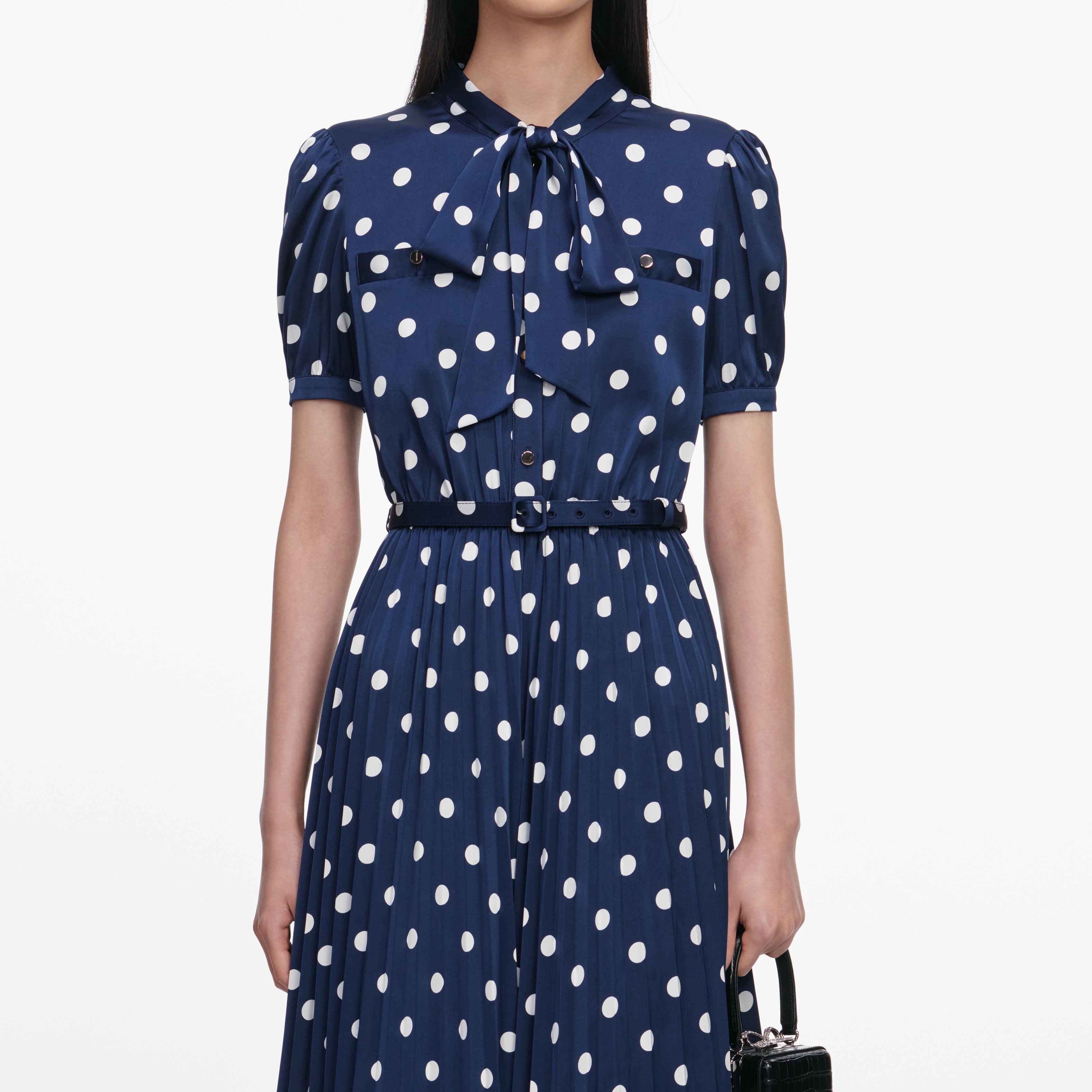 Navy Polka Dot Satin Midi Dress – self-portrait-US