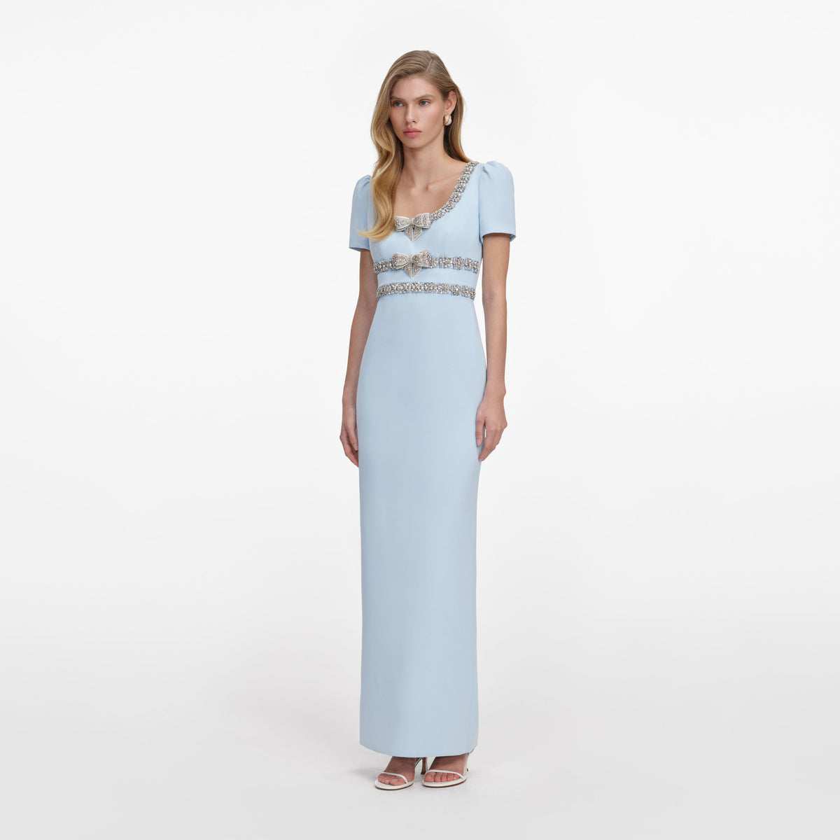 light grey blue dress self-portrait - Crepe Embellished Bow Maxi FALL23ARCHIVESALE Color:Jeans blue black formal maxi dress 4% Spandex