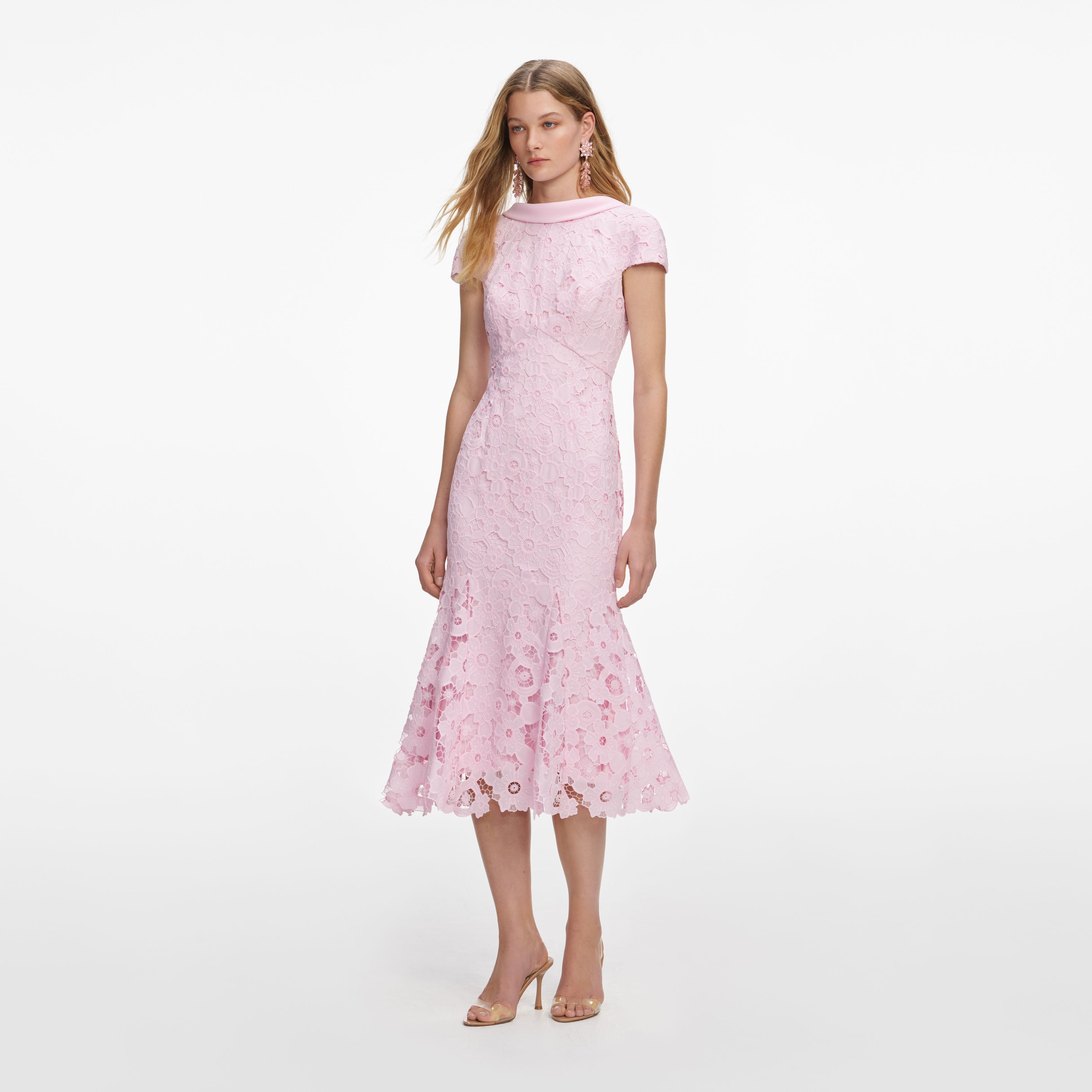 Pink Lace Scoop Back Midi Dress – self-portrait-US
