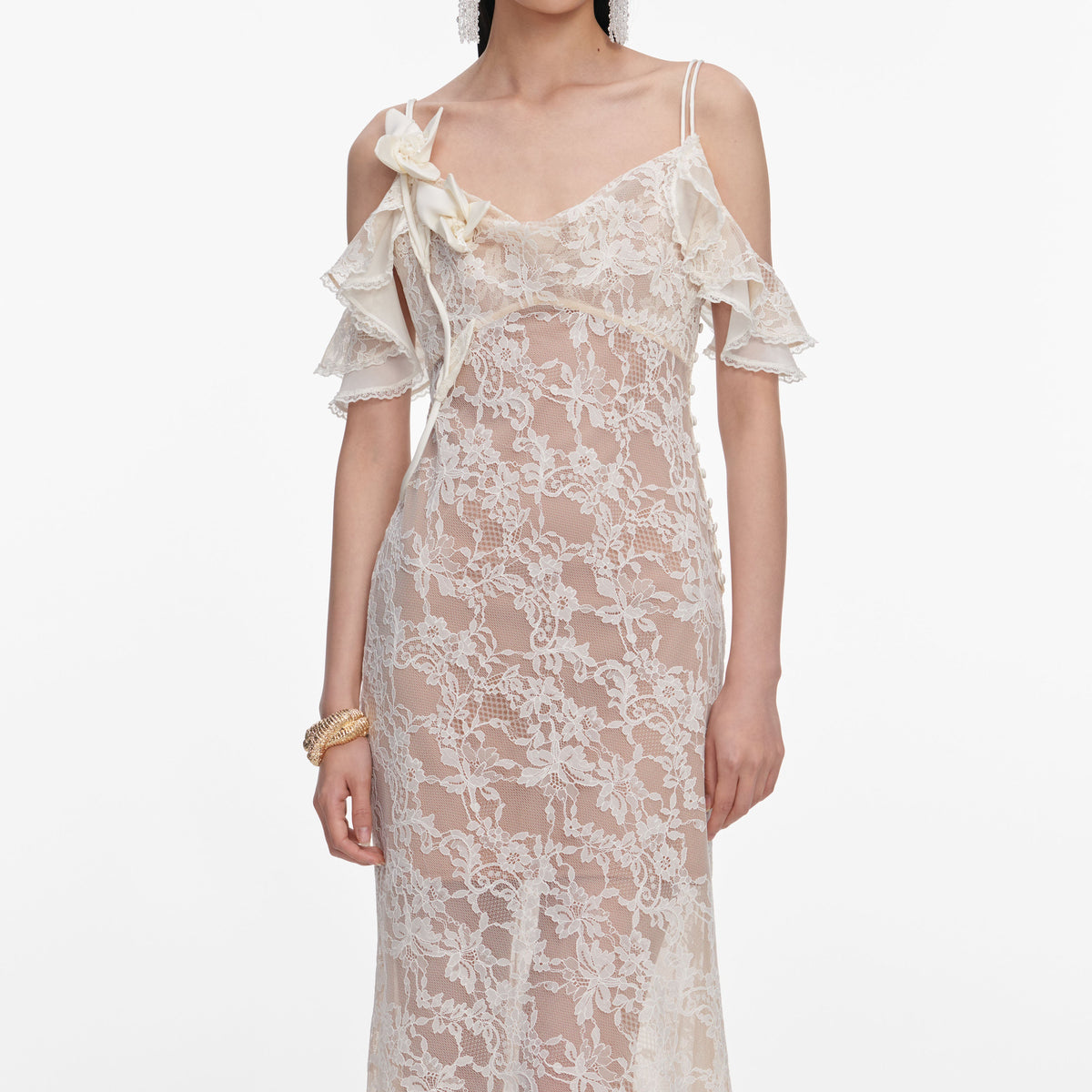 self portrait tiered floral lace dress self-portrait - Blue Chiffon Tiered V Neck Midi Dress