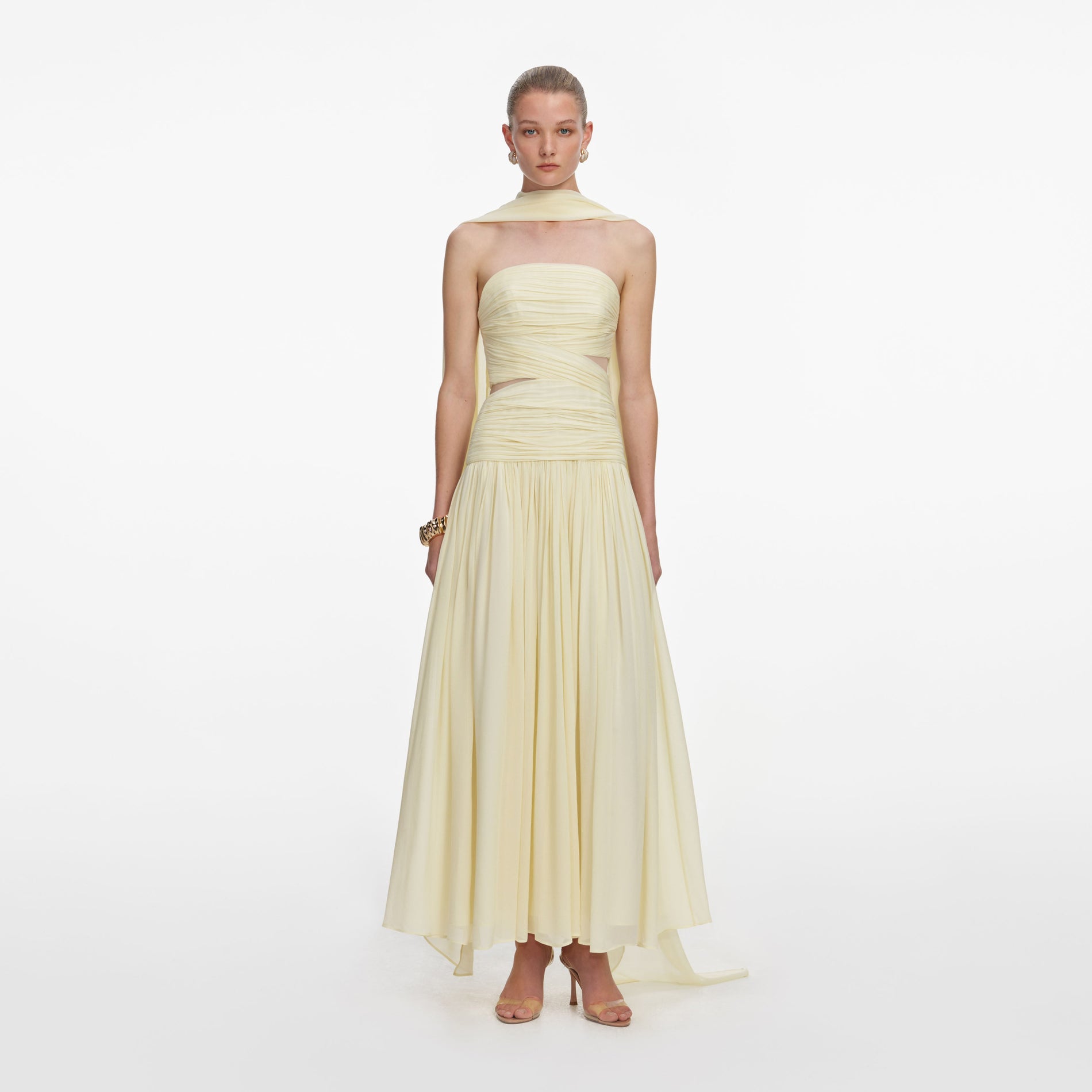 Front view of a woman wearing the Yellow Georgette Scarf Midi Dress