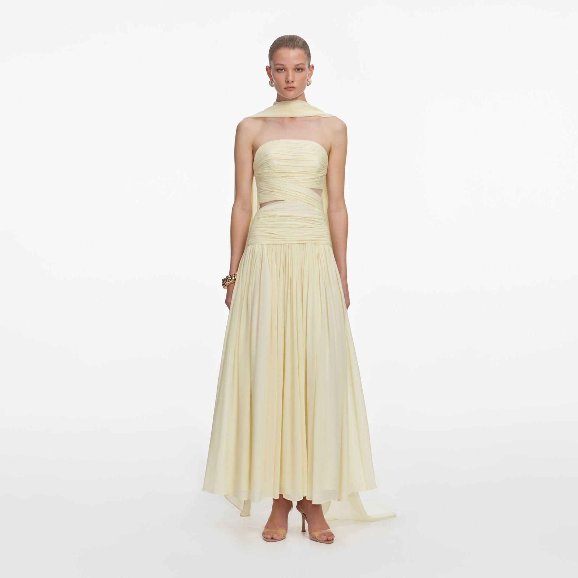 Front view of a woman wearing the Yellow Georgette Scarf Midi Dress