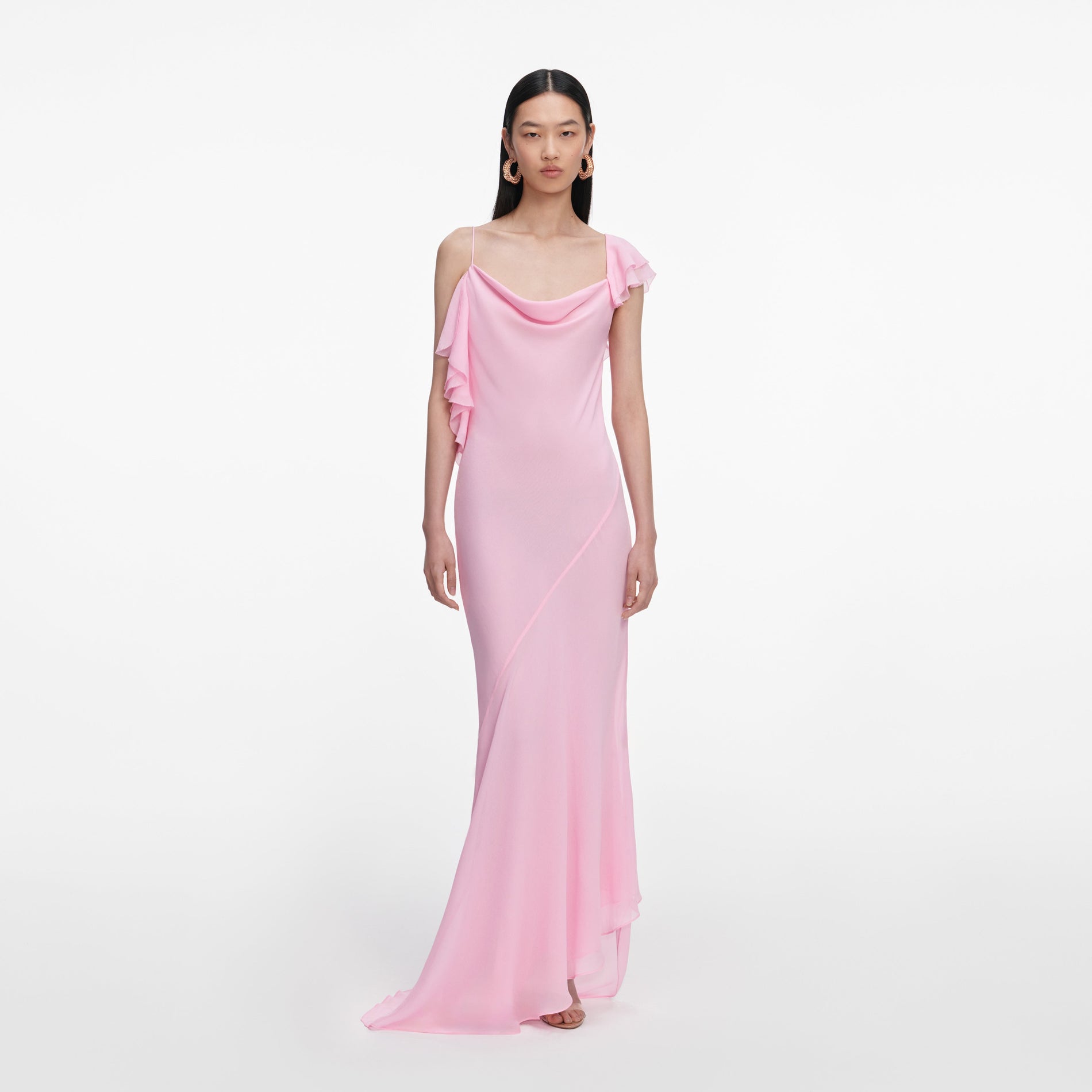 Front view of a woman wearing the Pink Georgette Frill Maxi Dress