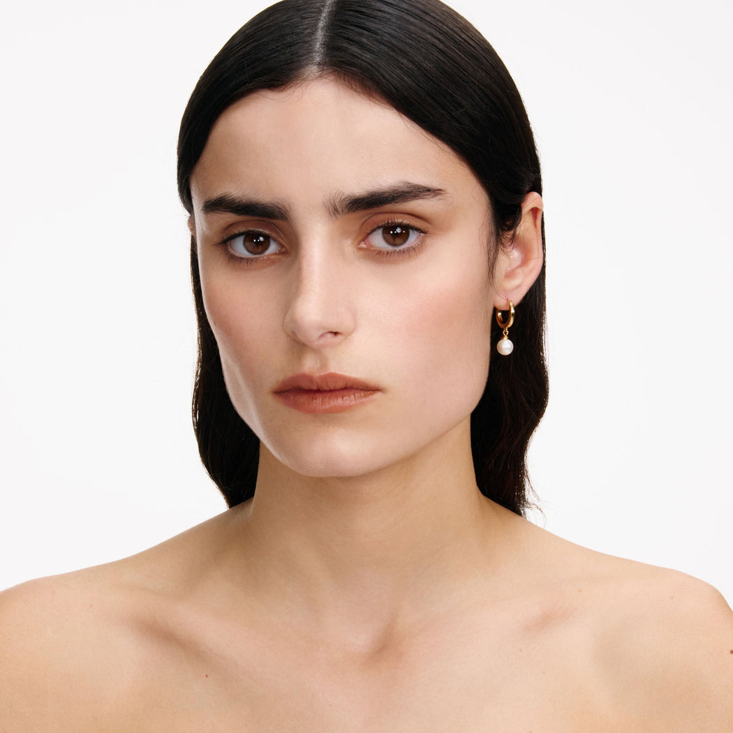 Gold Pearl Drop Hoop Earrings
