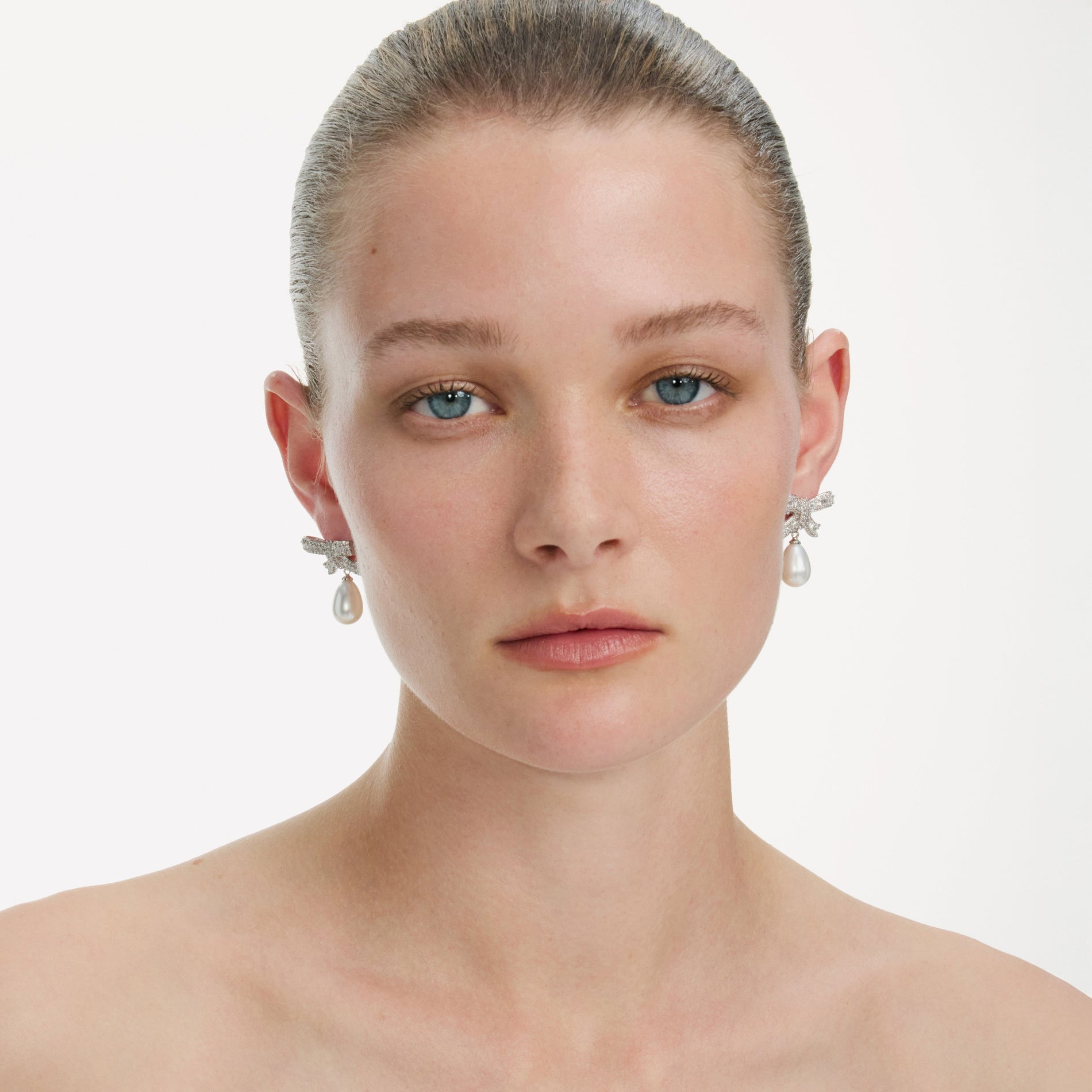 Crystal Bow Pearl Droplet Earrings