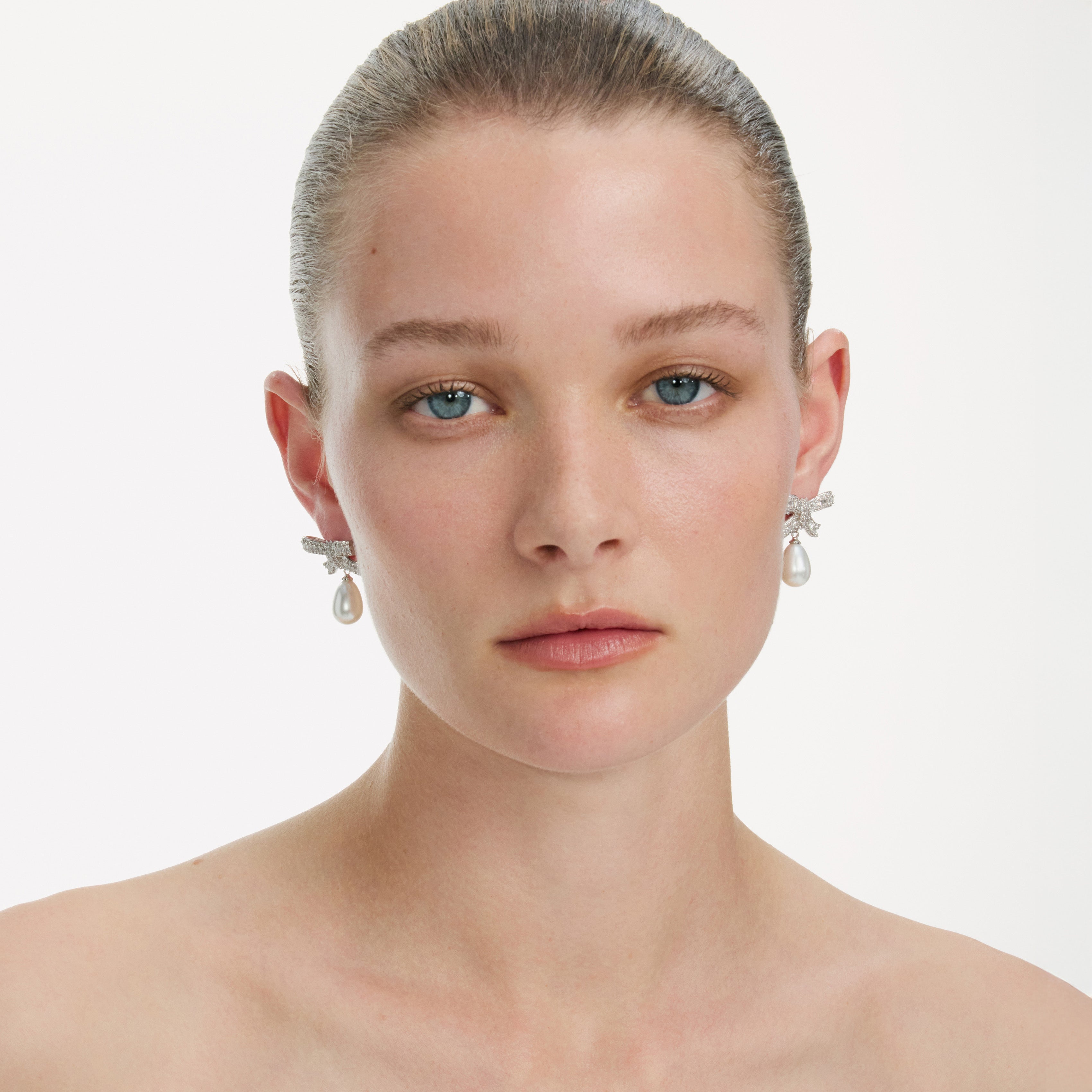 Crystal Bow Pearl Droplet Earrings