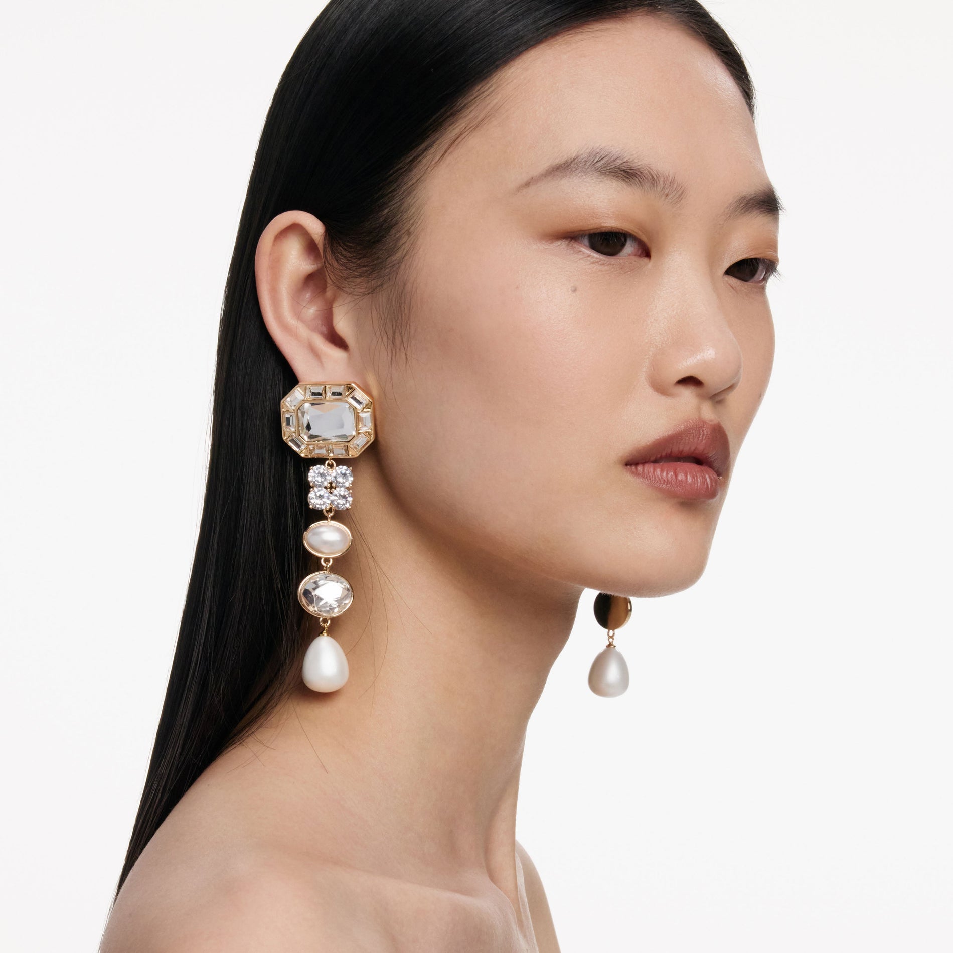 Gold Crystal Pearl Tiered Earrings