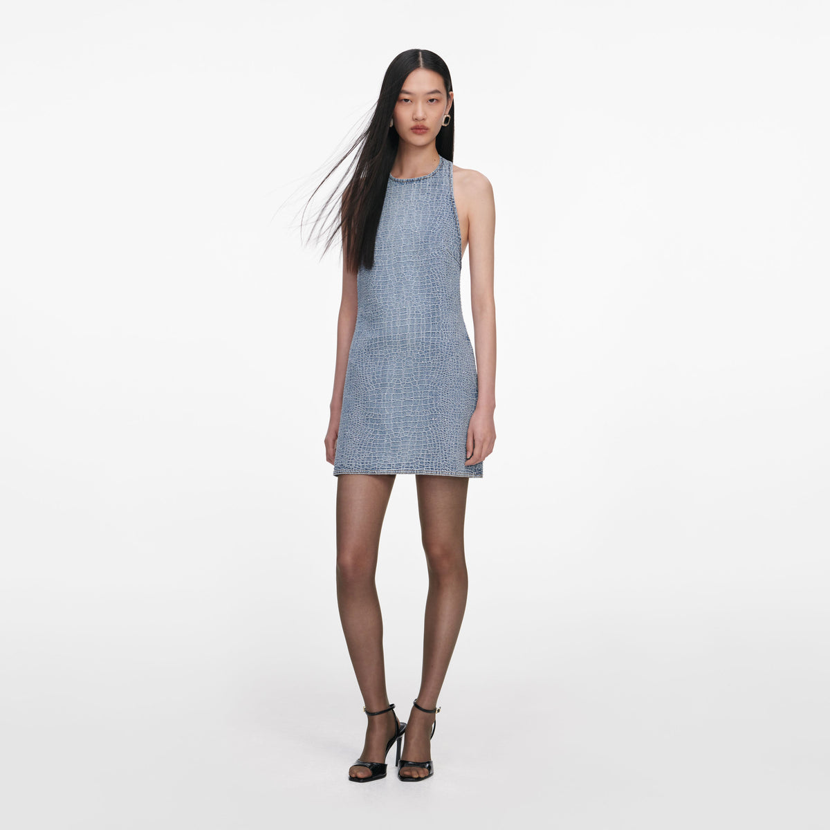 self-portrait square rhinestone denim mini dress Square Rhinestone Denim Mini Dress  Club21.com
