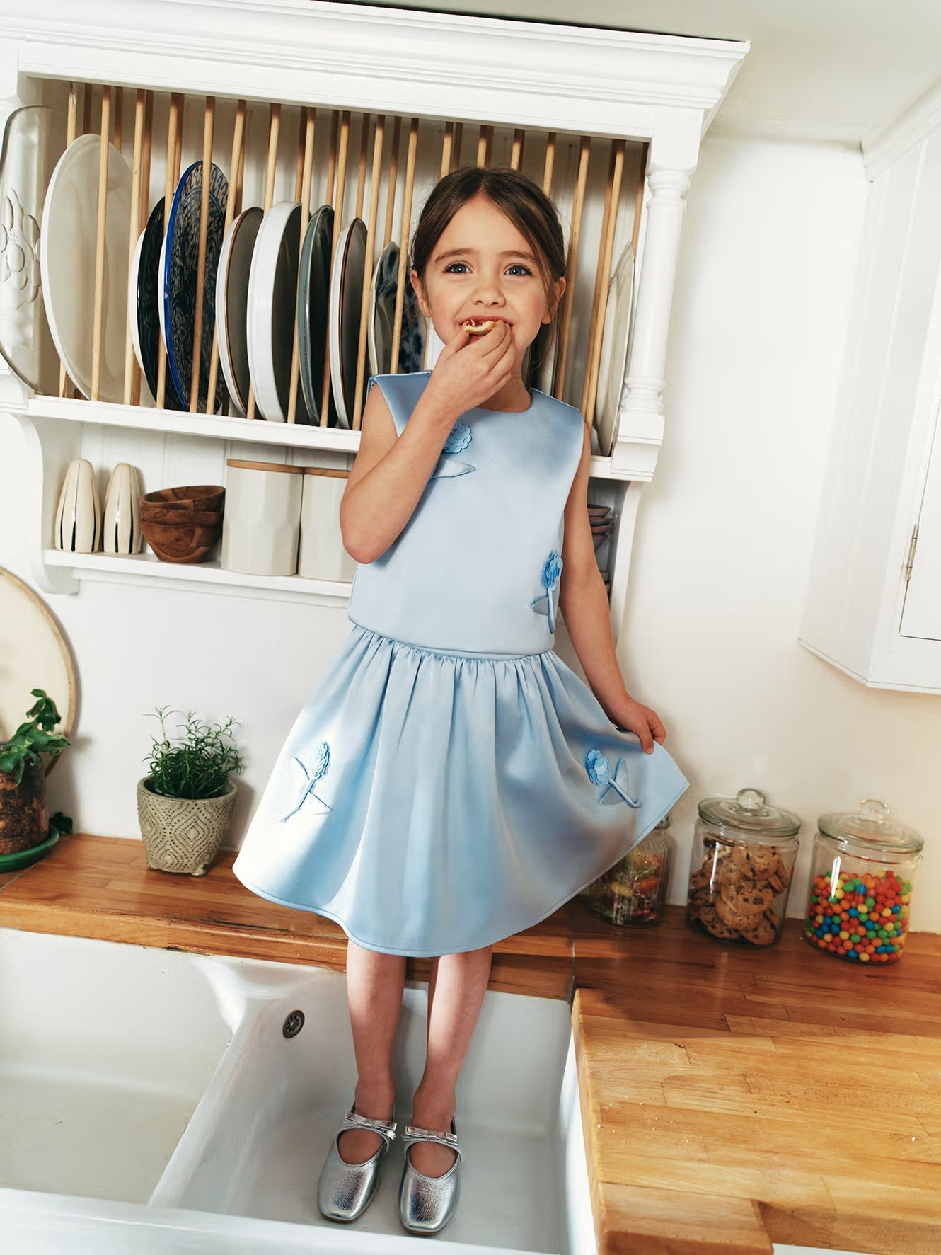 Blue Satin Sequin Flower Top