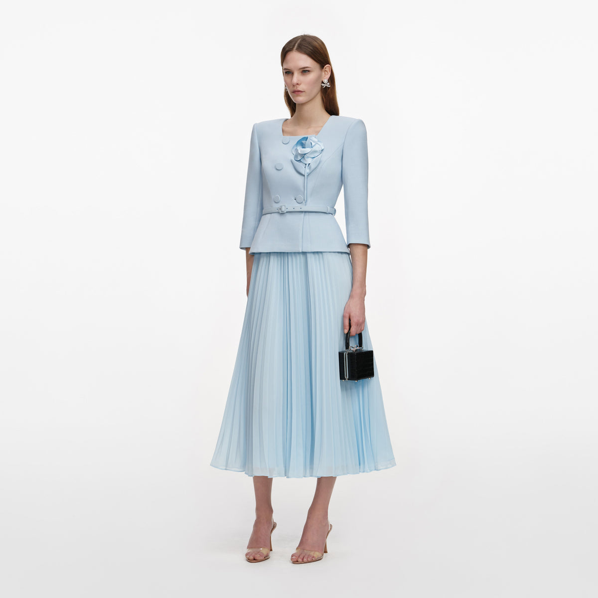 self portrait blue short sleeve chiffon midi dress self-portrait - Blue 3D Flower Chiffon Midi Dress