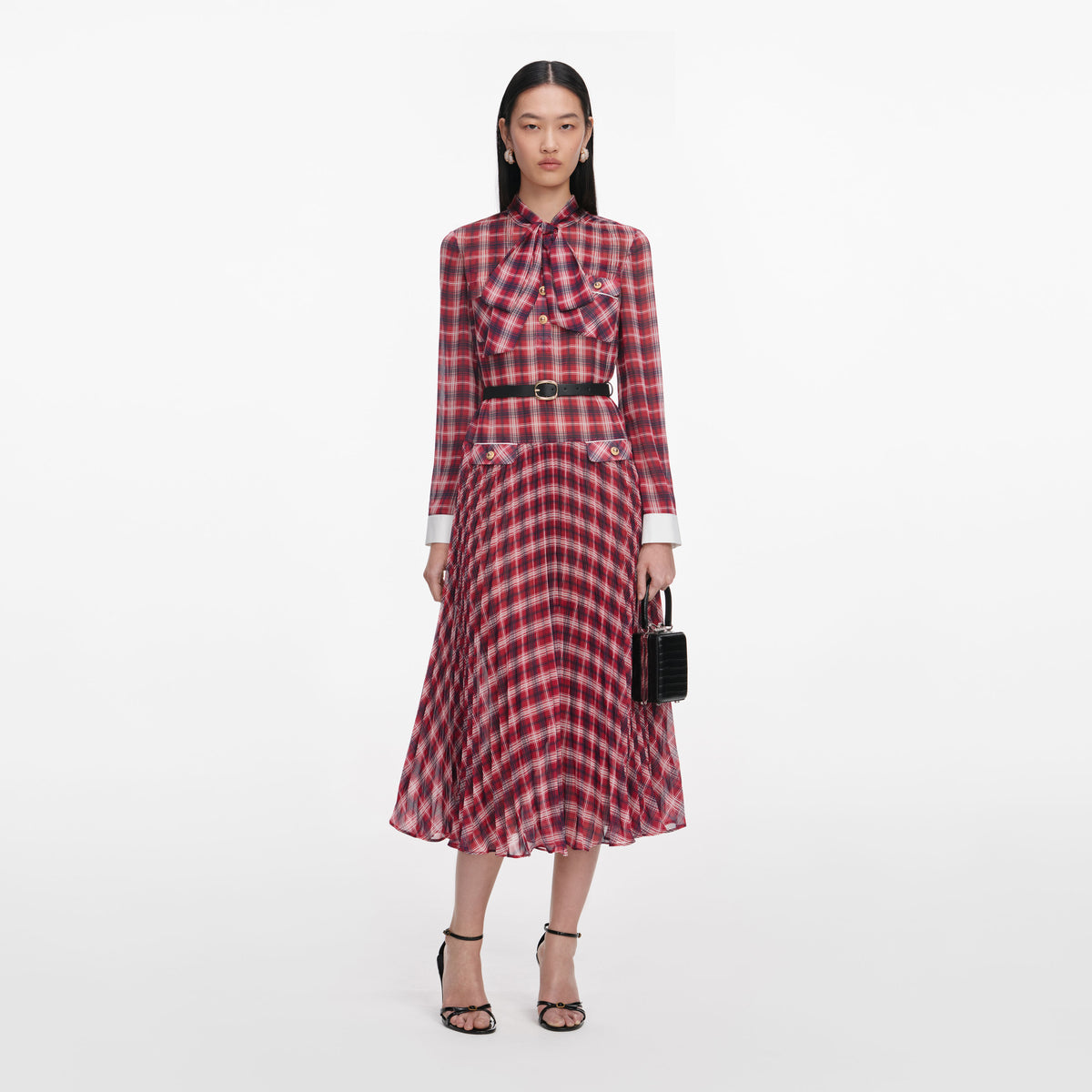 self-portrait - Burgundy Check Chiffon Midi Dress