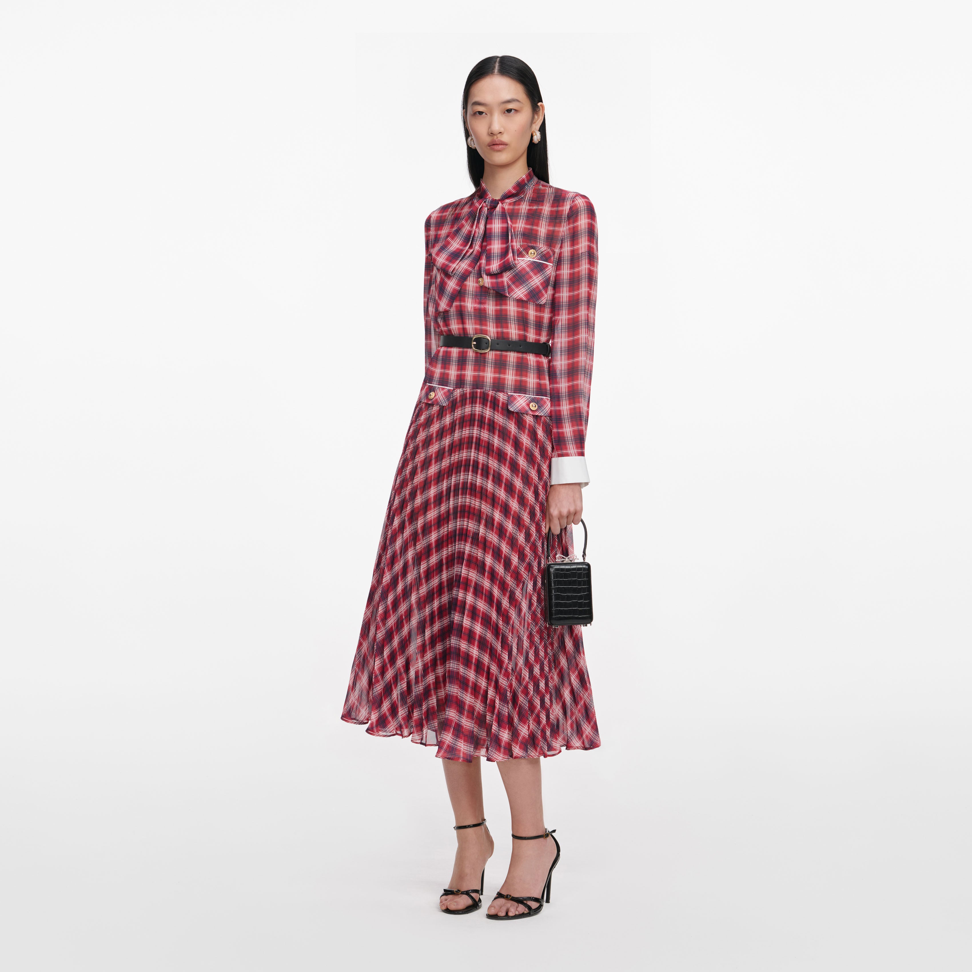 Brown Check Chiffon Midi Dress – self-portrait-US