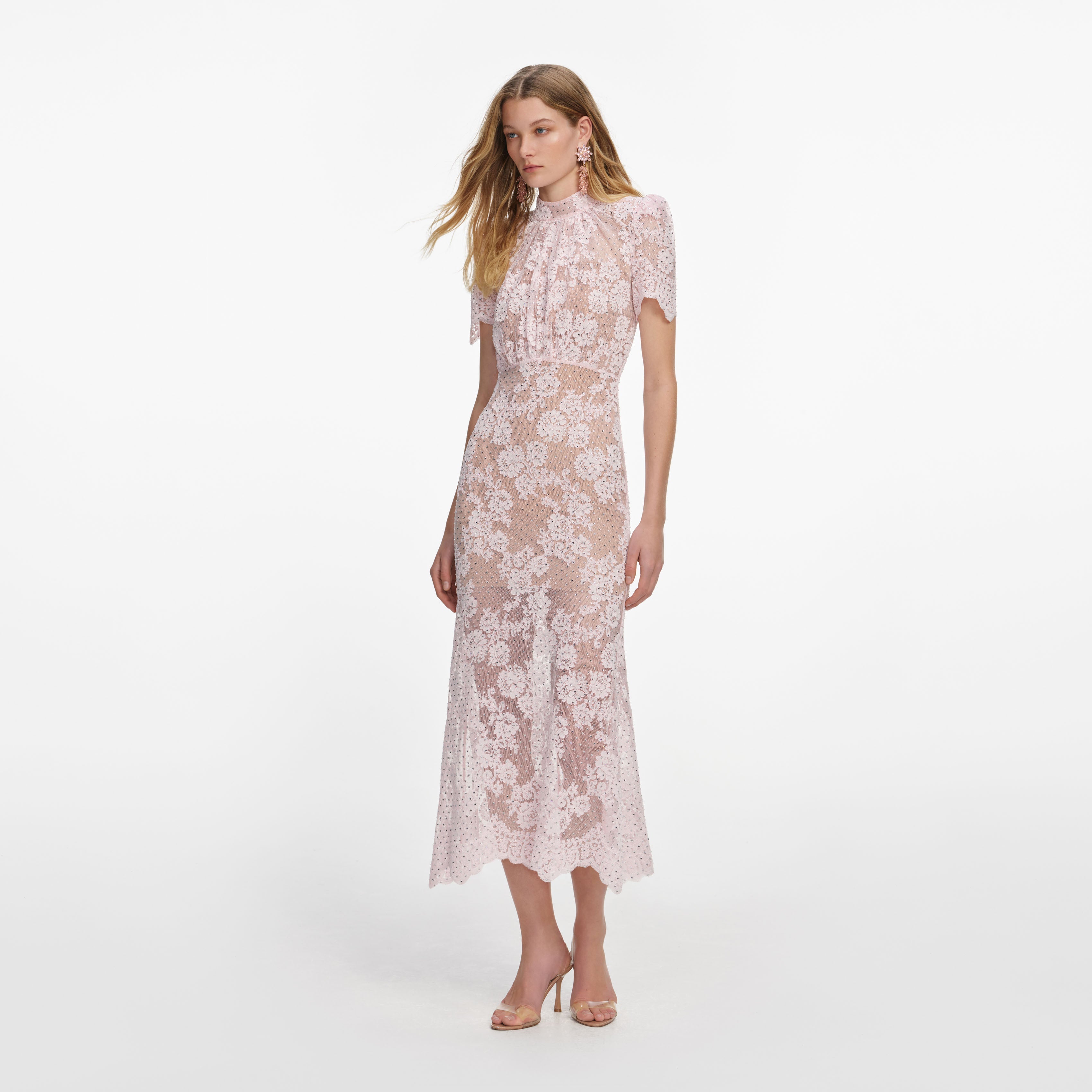 Pink Rhinestone Lace Midi Dress